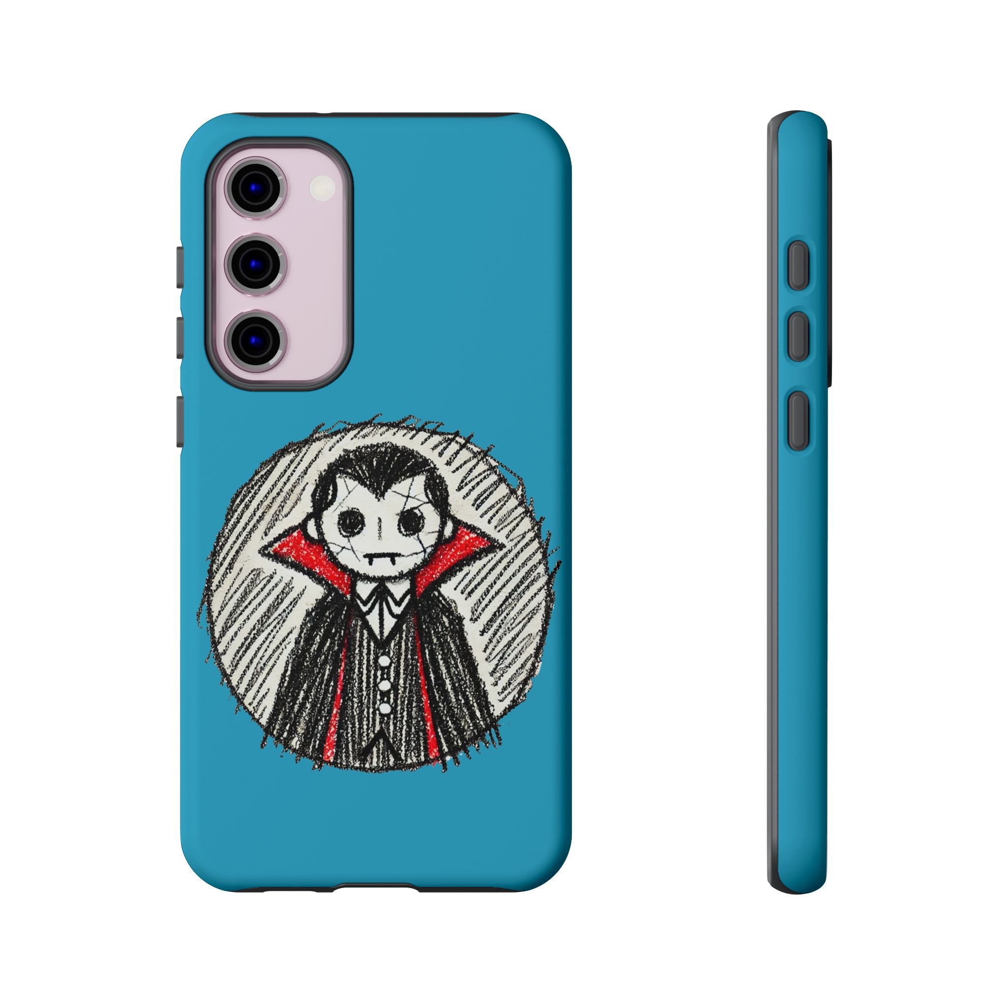 Blue phone case featuring a cartoon character with a skull face and red cape.
