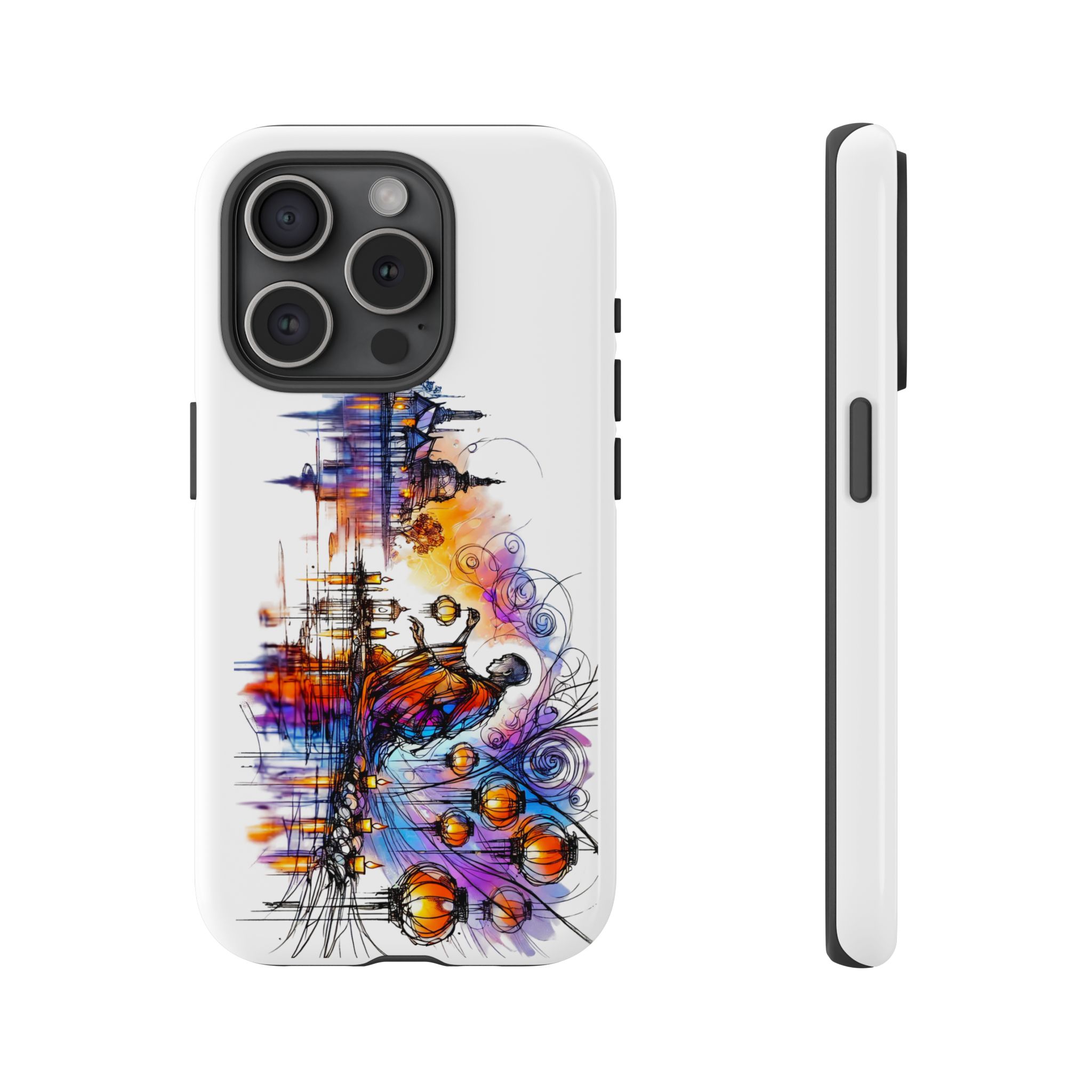 Phone case featuring an artistic illustration with vibrant colors and abstract patterns.