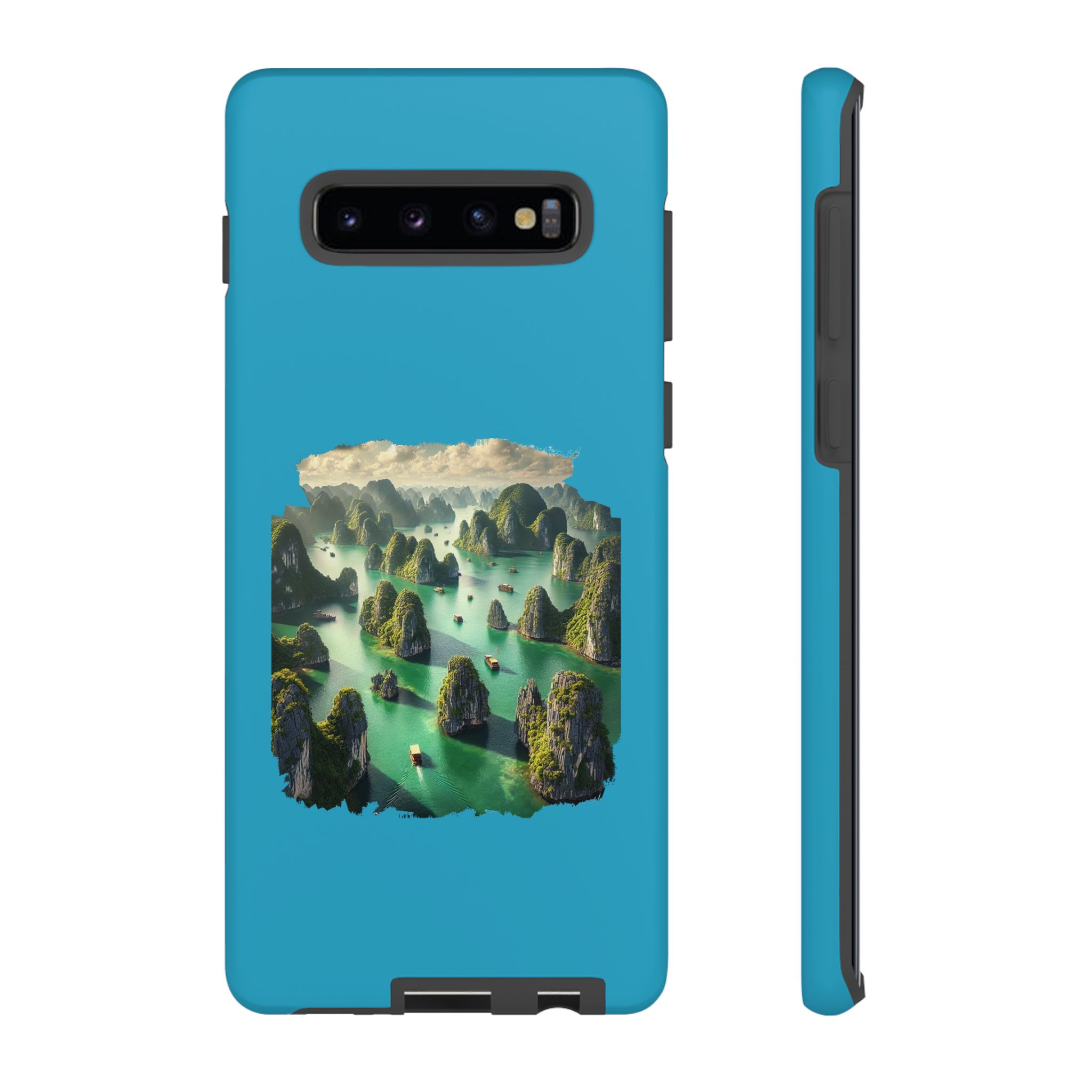 Phone case featuring a scenic landscape of rocky islands and water in a vibrant blue design.