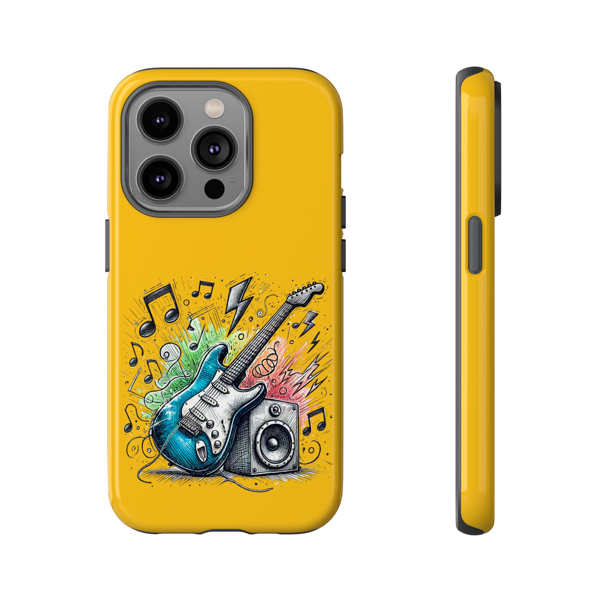 Yellow phone case with a graphic of an electric guitar and musical notes.