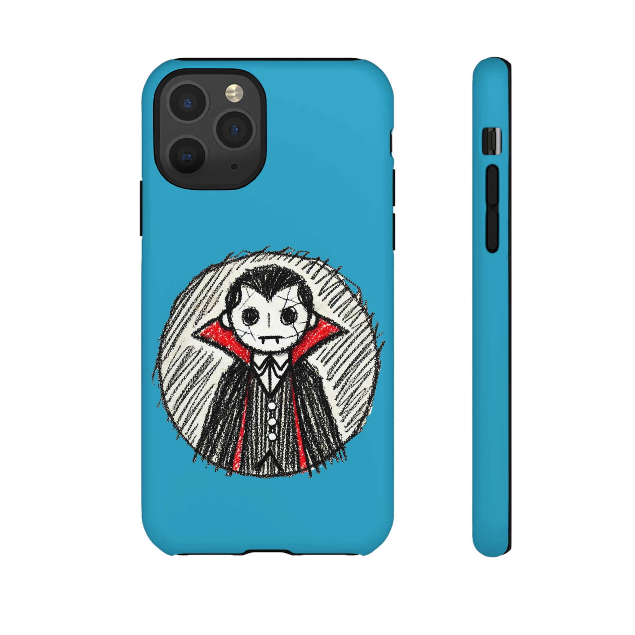 Blue phone case featuring a cartoon vampire character with a black cape and white face.