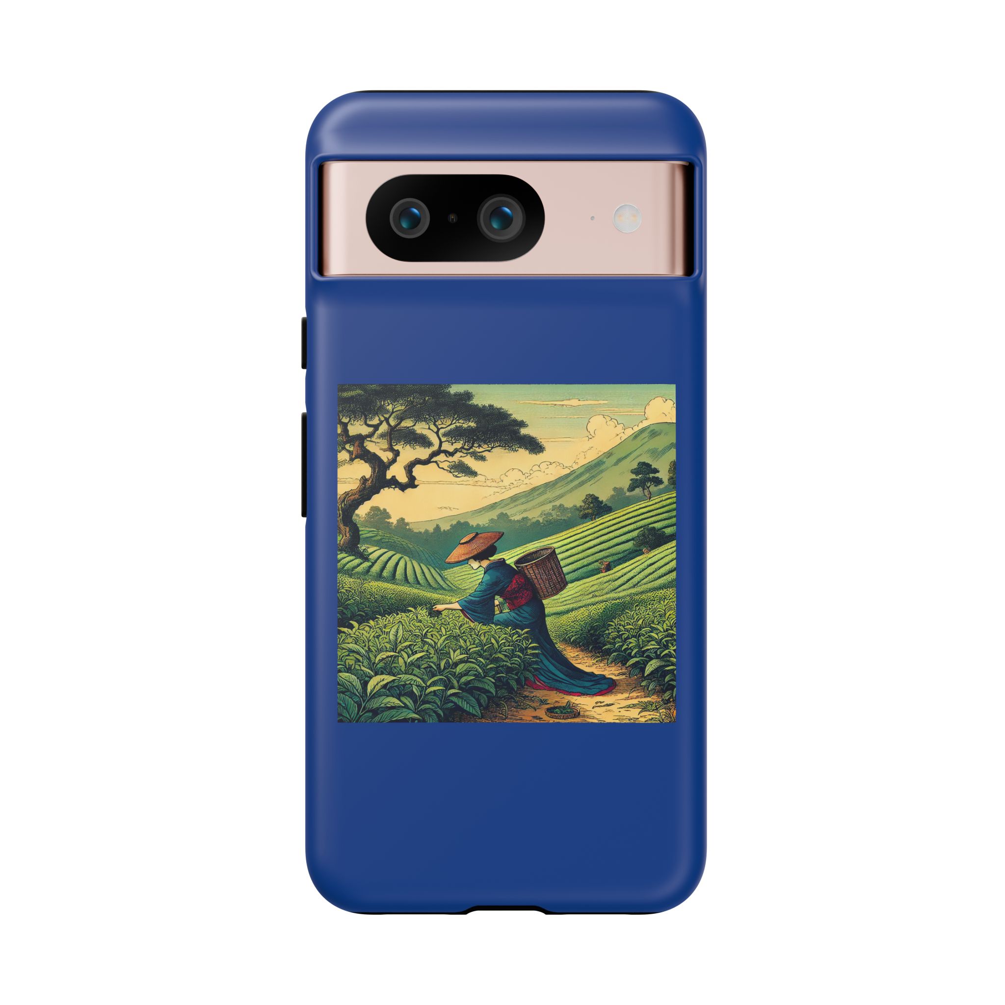 Phone case featuring vintage artwork of a tea picker in a lush green landscape.