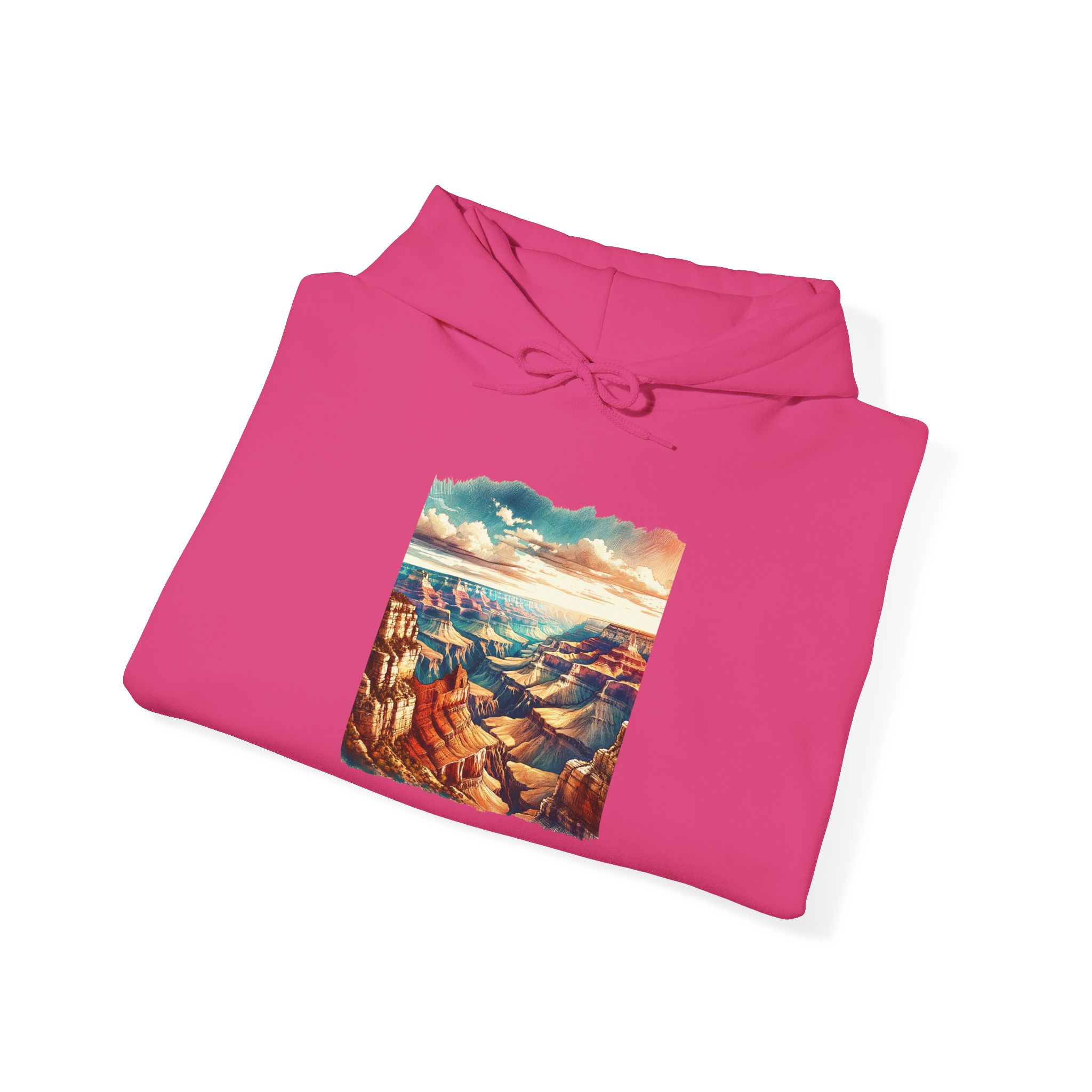 Pink hoodie featuring a colorful graphic of the Grand Canyon landscape on the front.