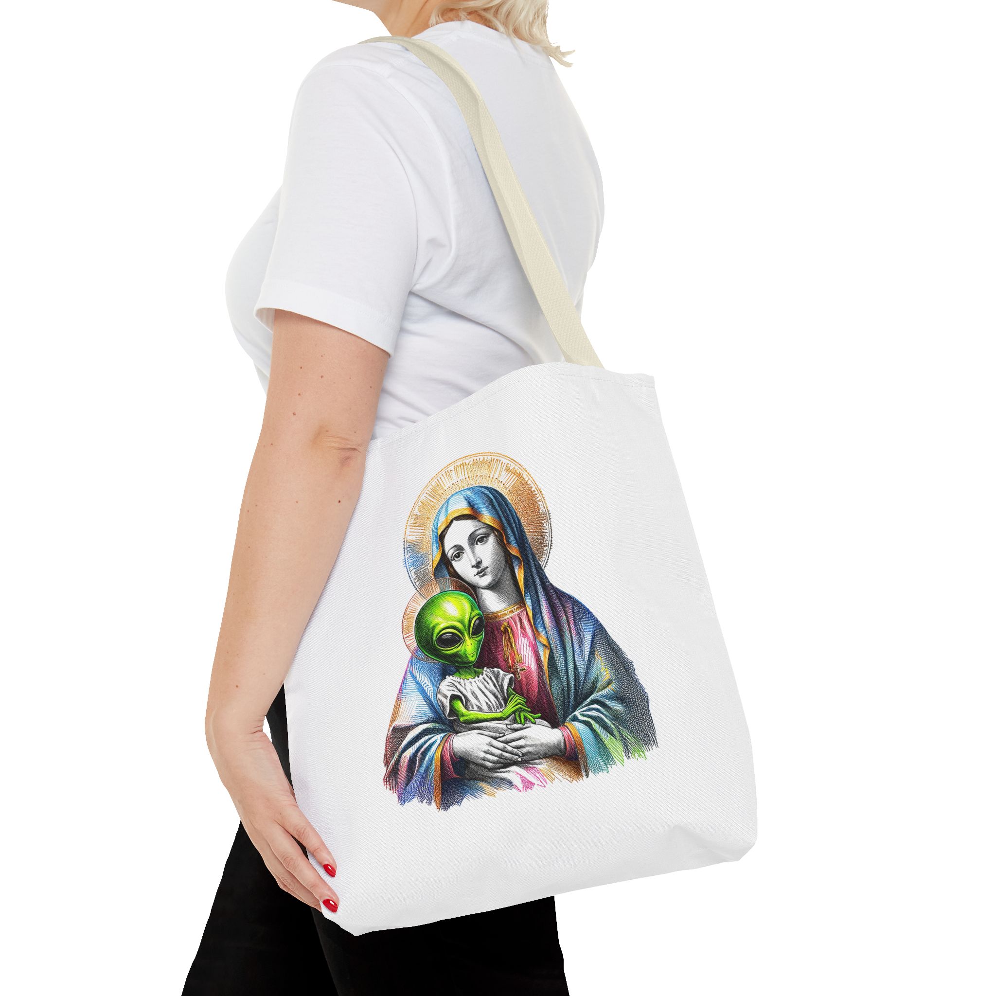 Satiric cute tote bag Boho shoulder bag Alien virgin mary retro shoulder bag fun gift religious design purse unique handbag – Image 22