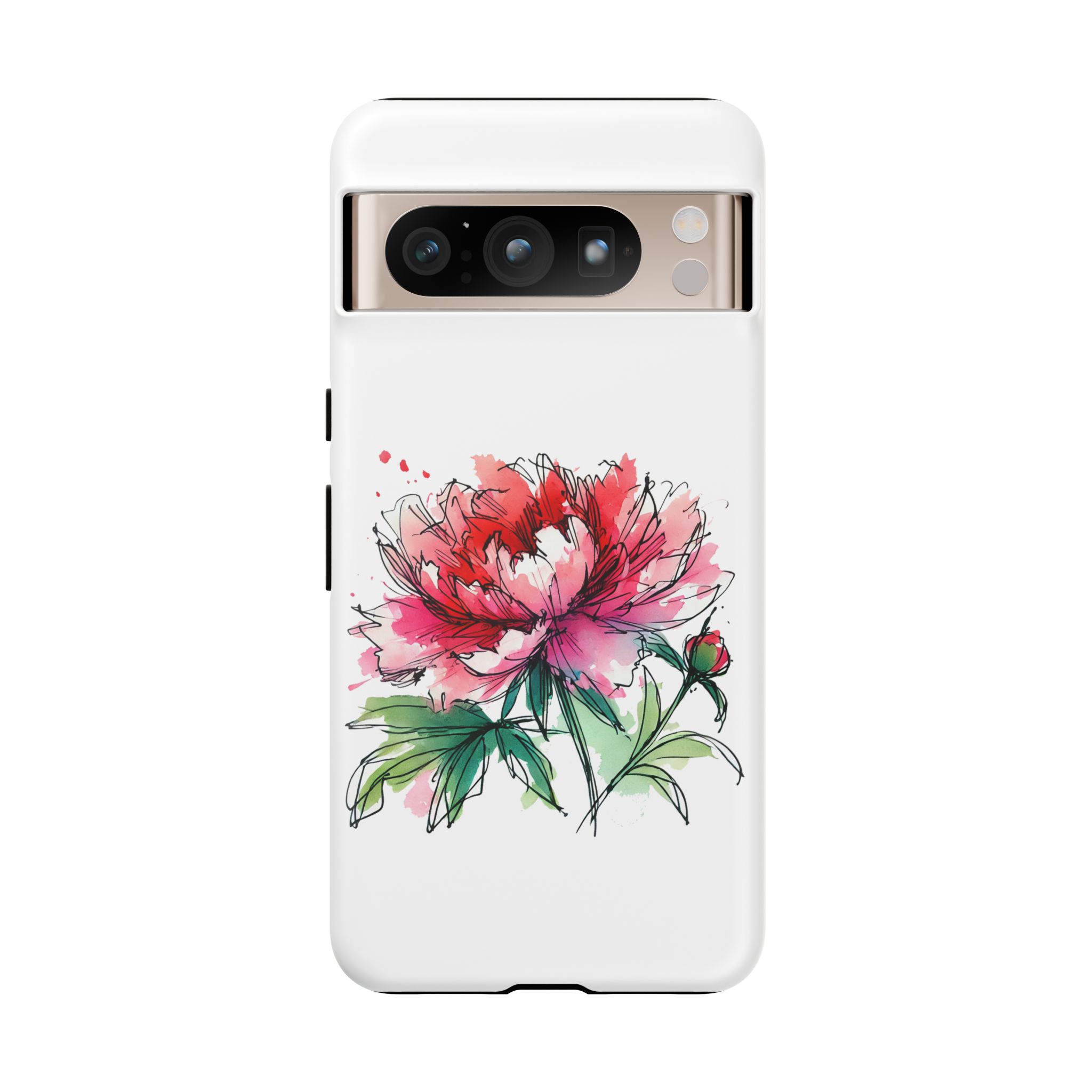 Phone case featuring a hand-drawn illustration of a pink and red peony flower on a white background.