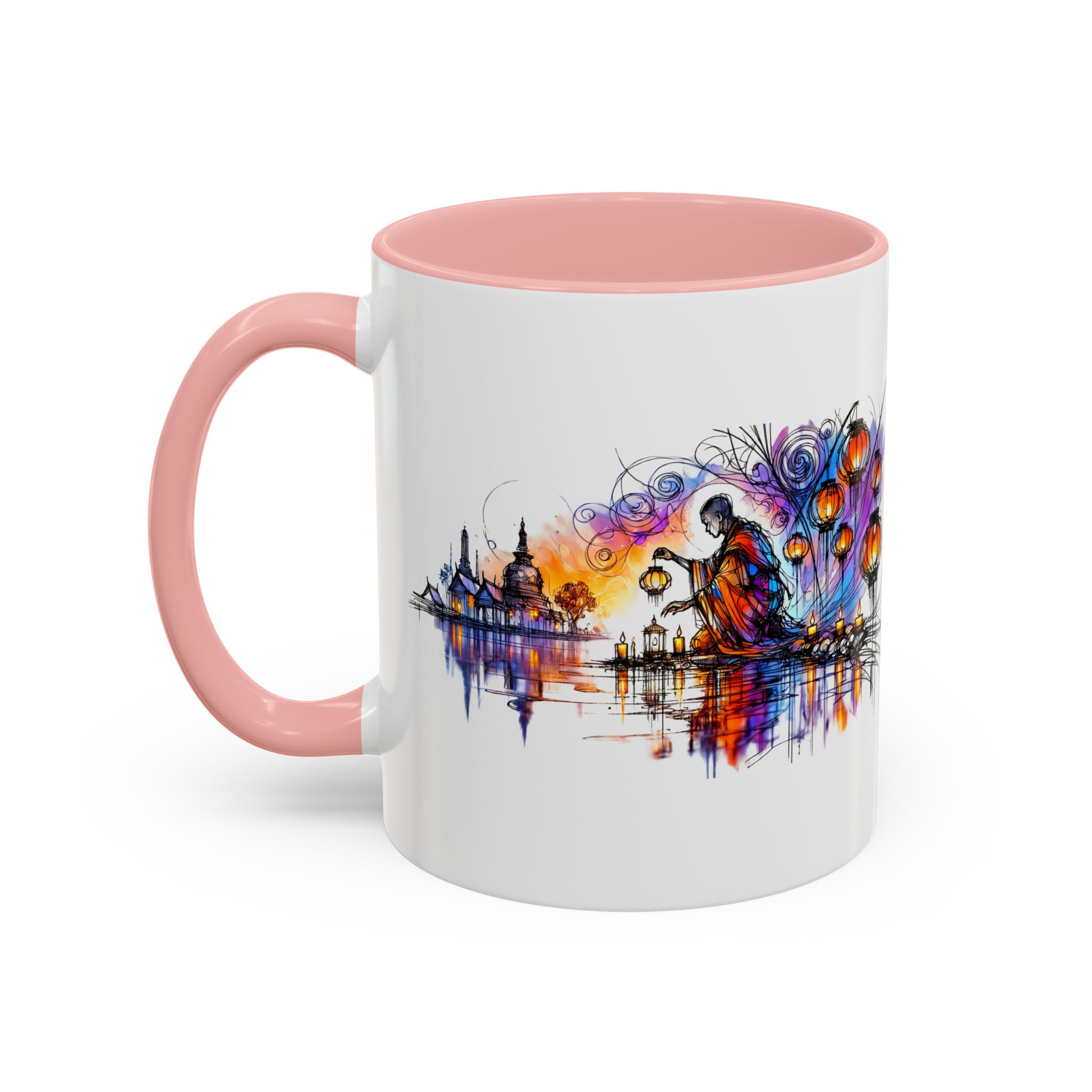 A colorful mug featuring an artistic design of a figure by a river with vibrant flowers and buildings in the background.