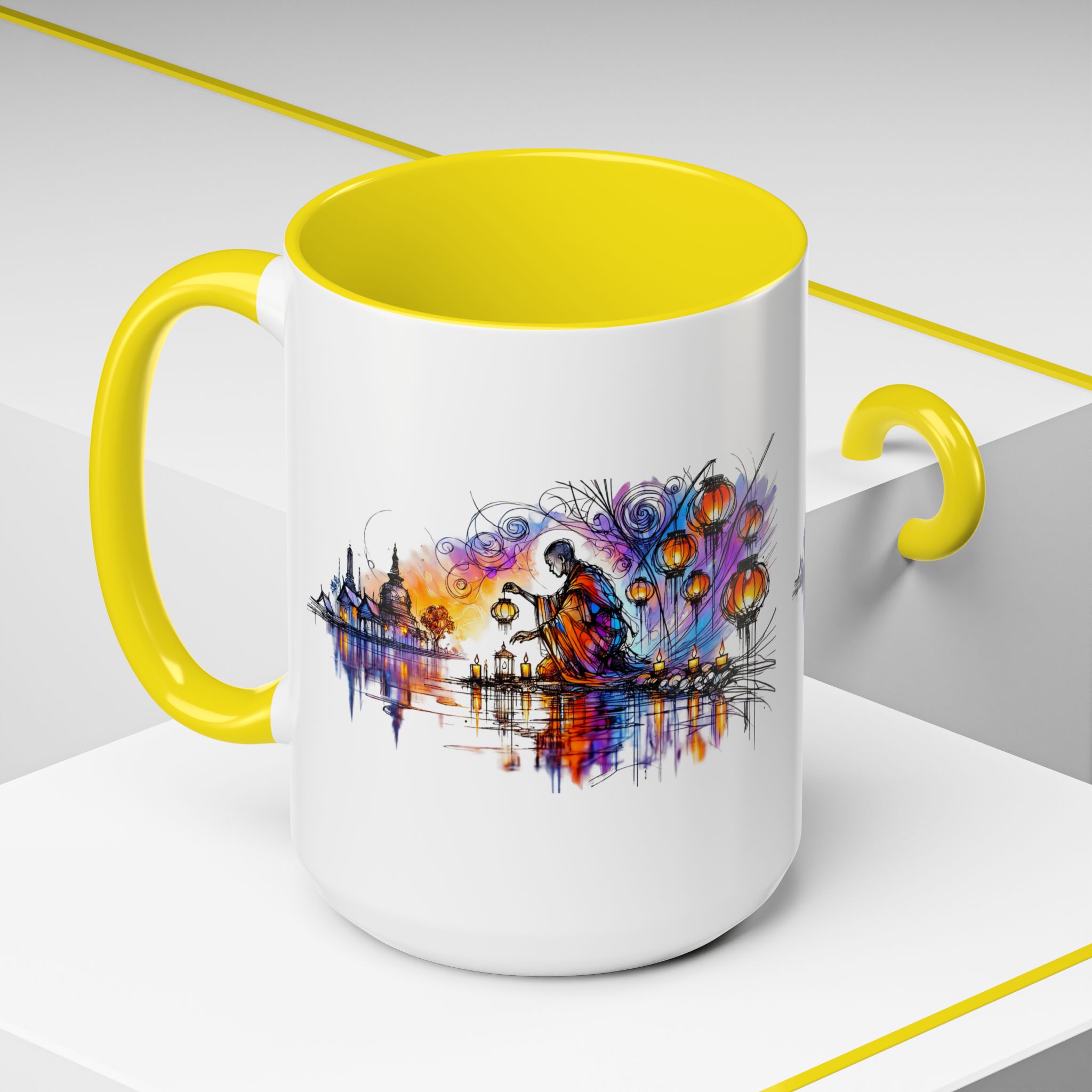 White mug with a yellow handle and interior, featuring an artistic design of a figure by a river with colorful lanterns.
