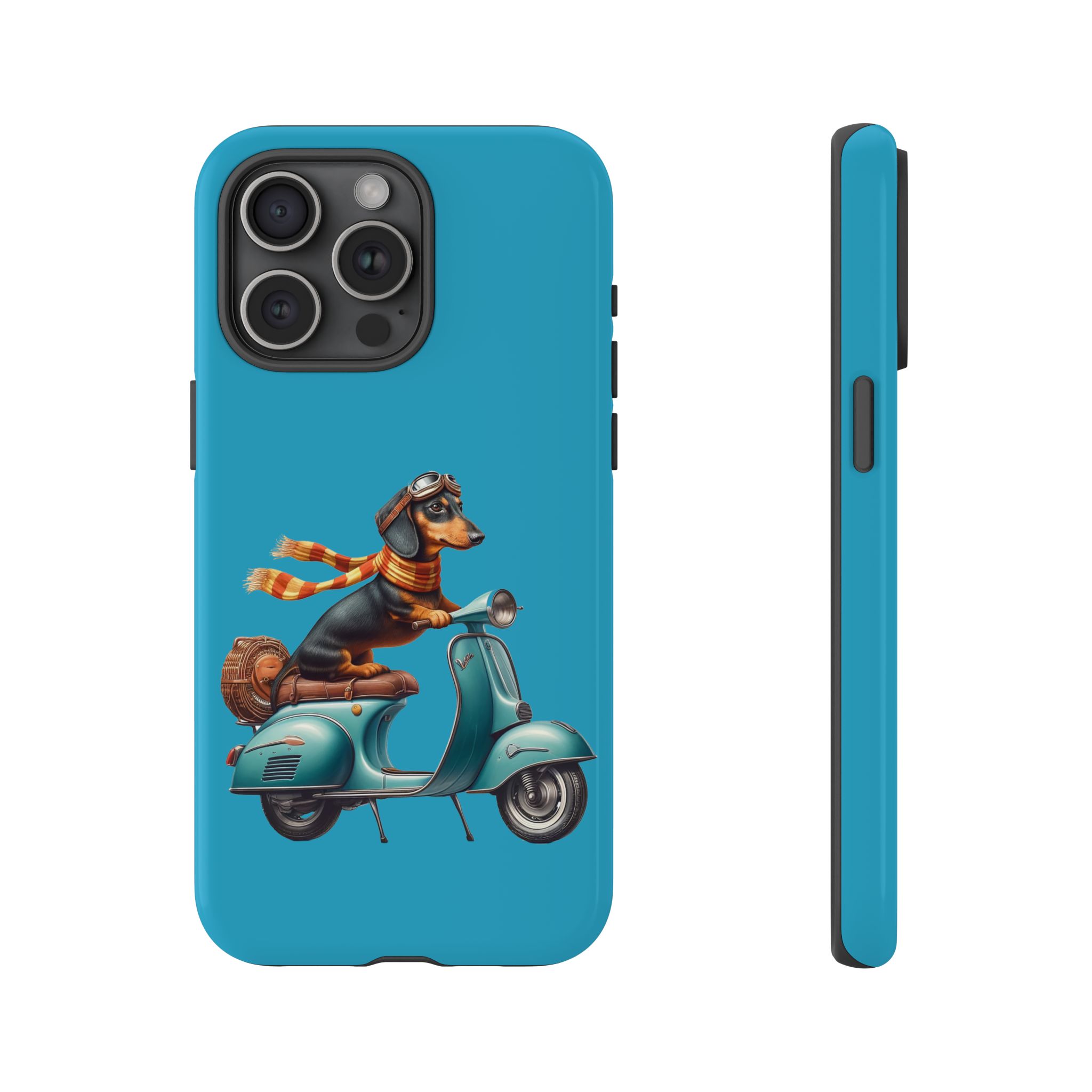 Phone case design featuring a dachshund dog wearing goggles and a scarf on a scooter.