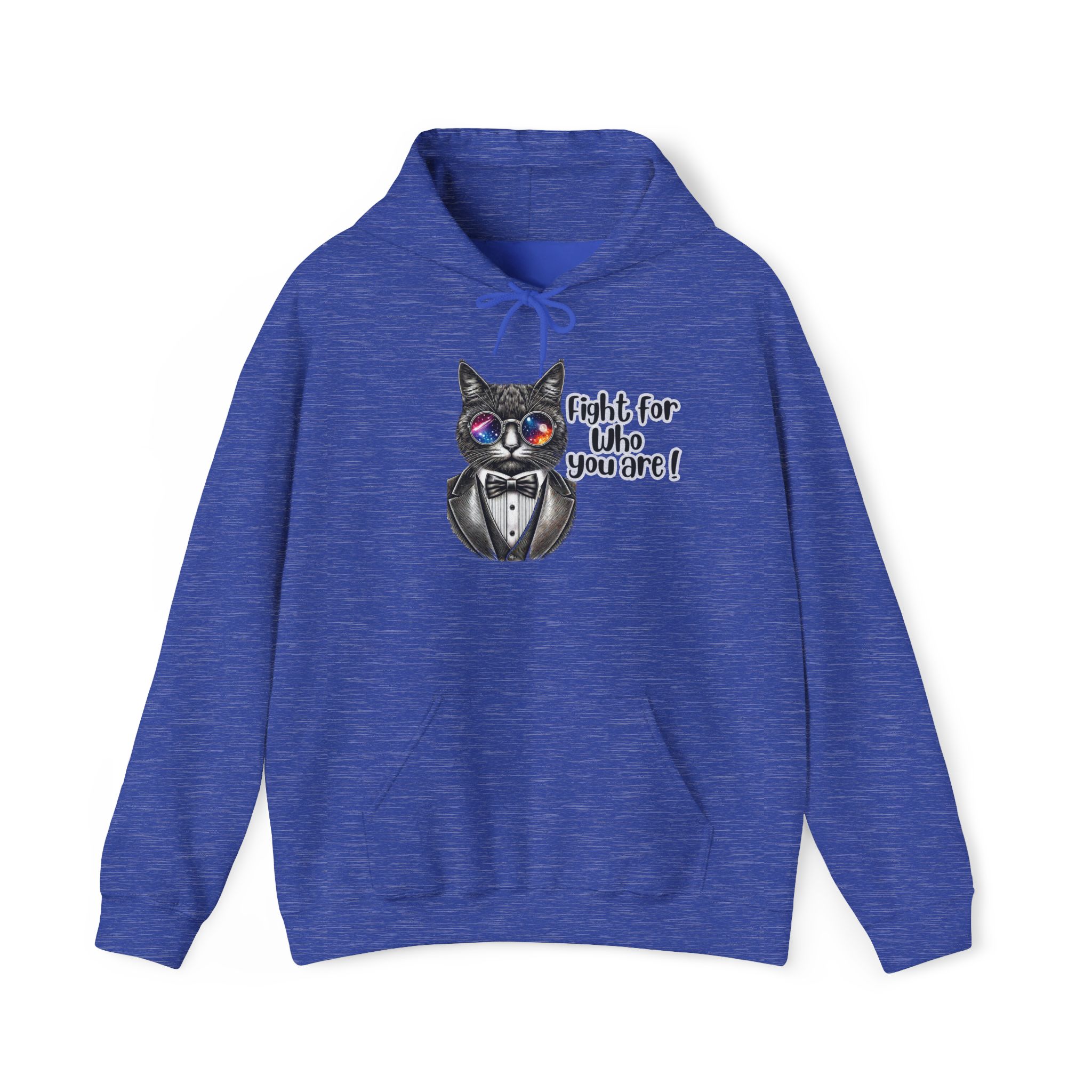 Blue hoodie featuring a cat in a tuxedo with colorful glasses and the text 'Fight for who you are!'