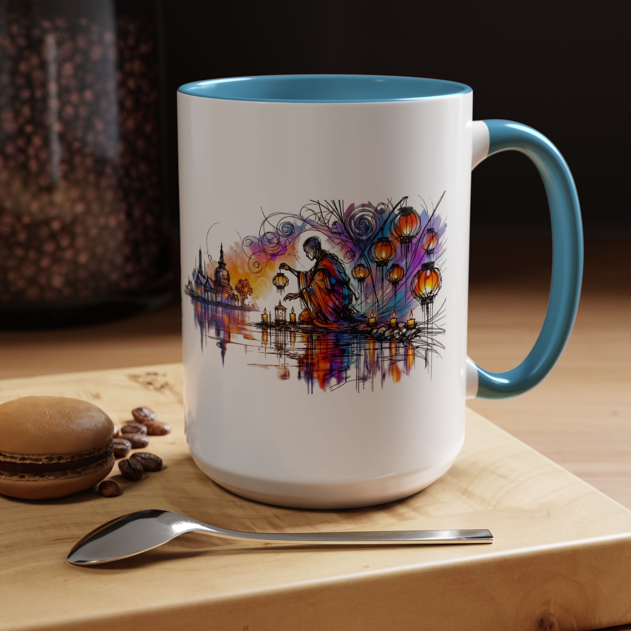 White mug with a colorful artistic design featuring a figure by a river with lanterns and buildings in the background.