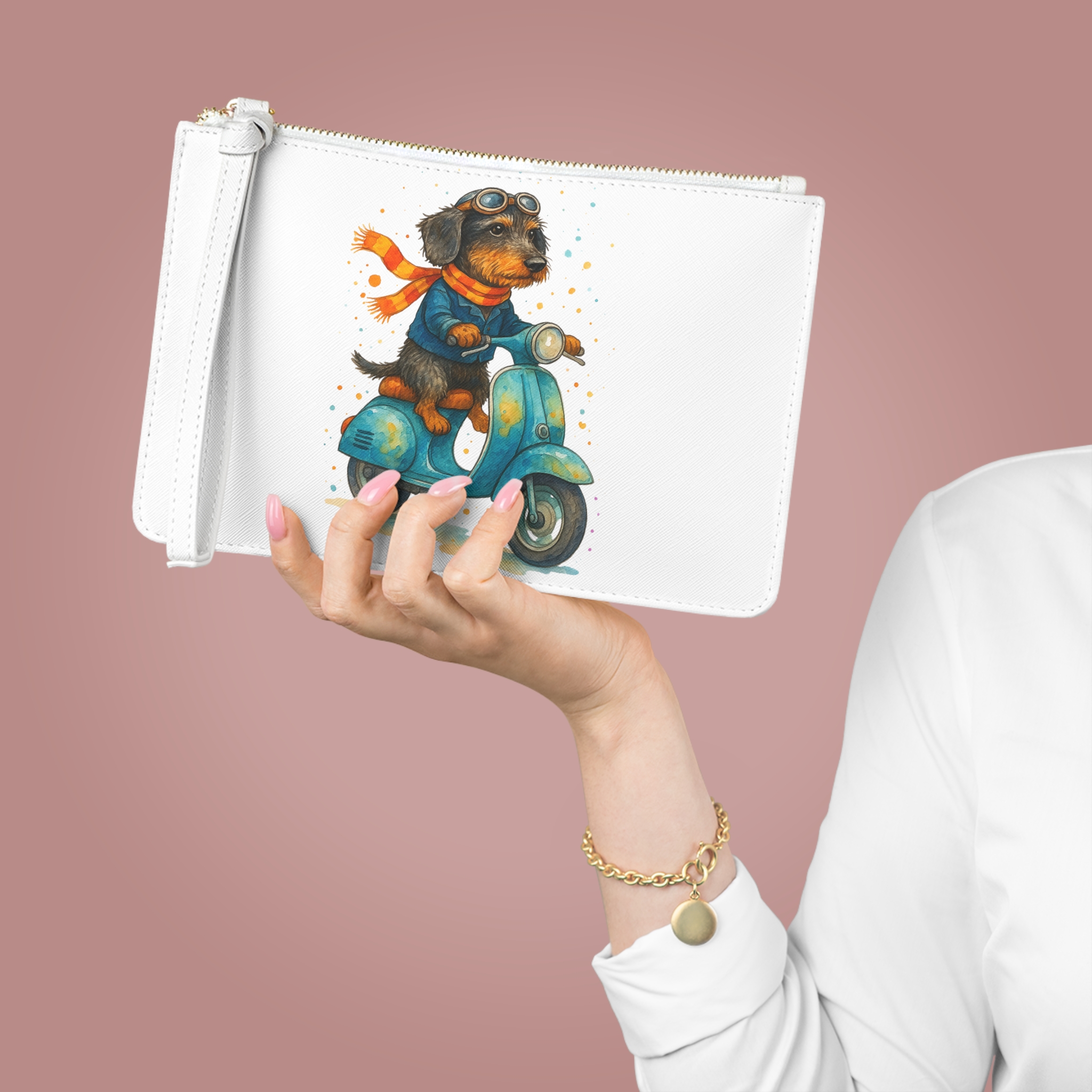 Dachshund evening bag funny clutch bag dog riding a scooter cool clothing gift dog lover purse vintage evening bag unique retro Handbag cute