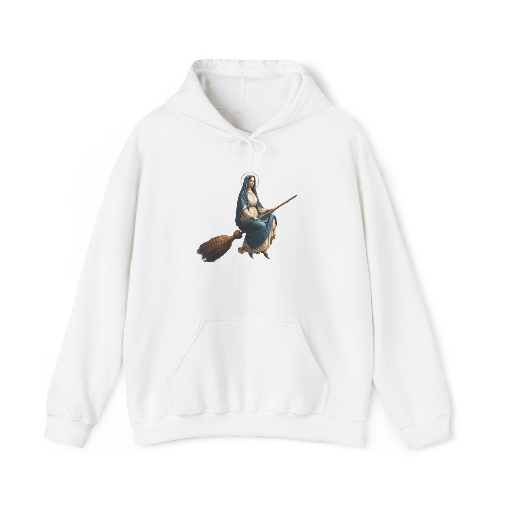 White hoodie featuring a graphic of a witch riding a broomstick.