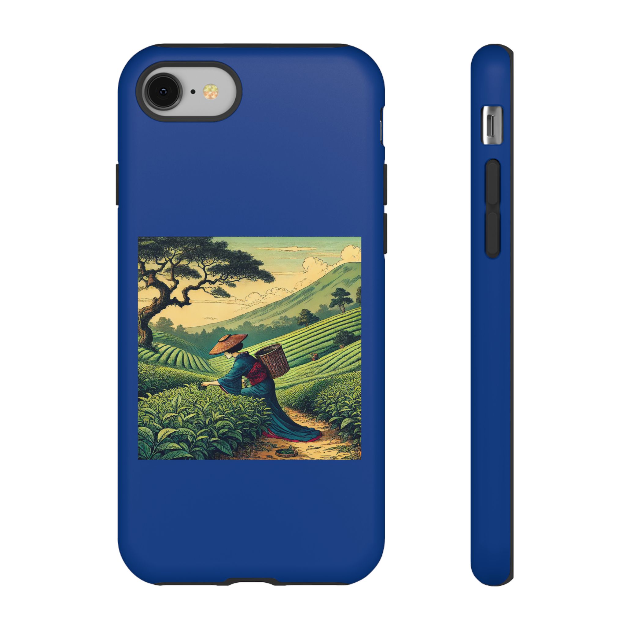 Blue phone case featuring a detailed illustration of a tea plantation worker carrying a basket.