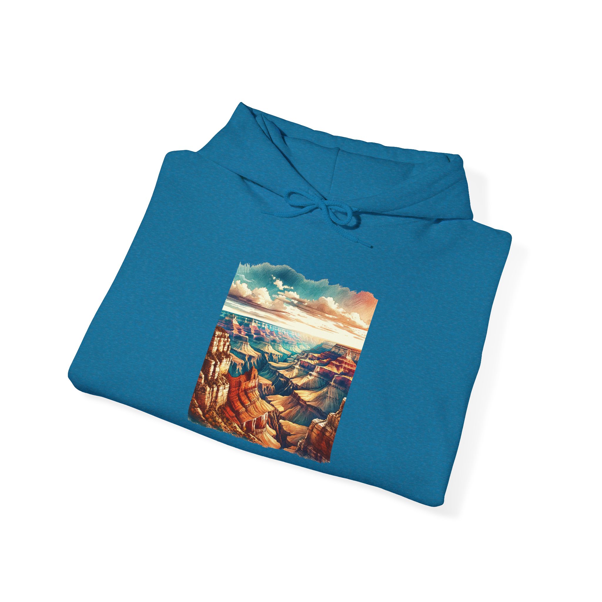 Blue hoodie featuring a graphic of the Grand Canyon landscape on the front.