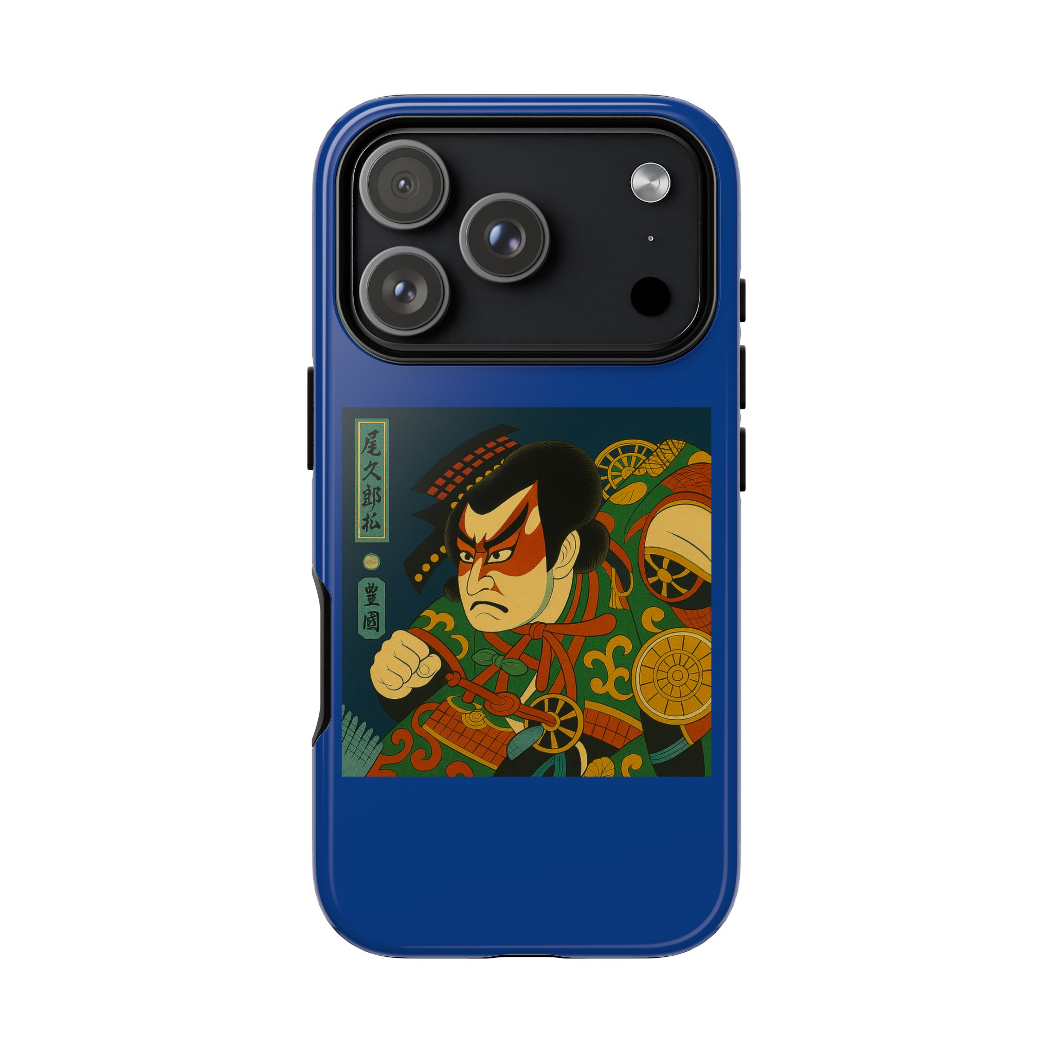 Blue phone case featuring a traditional Japanese art design with a warrior character.