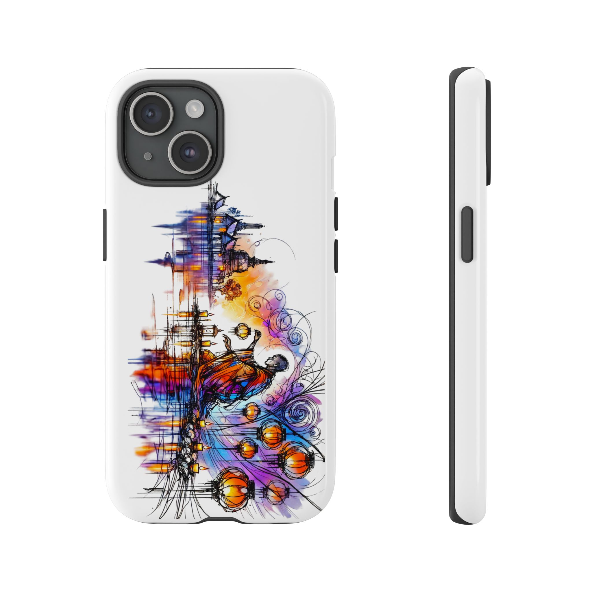 Artistic phone case featuring colorful illustrations of figures and abstract elements.