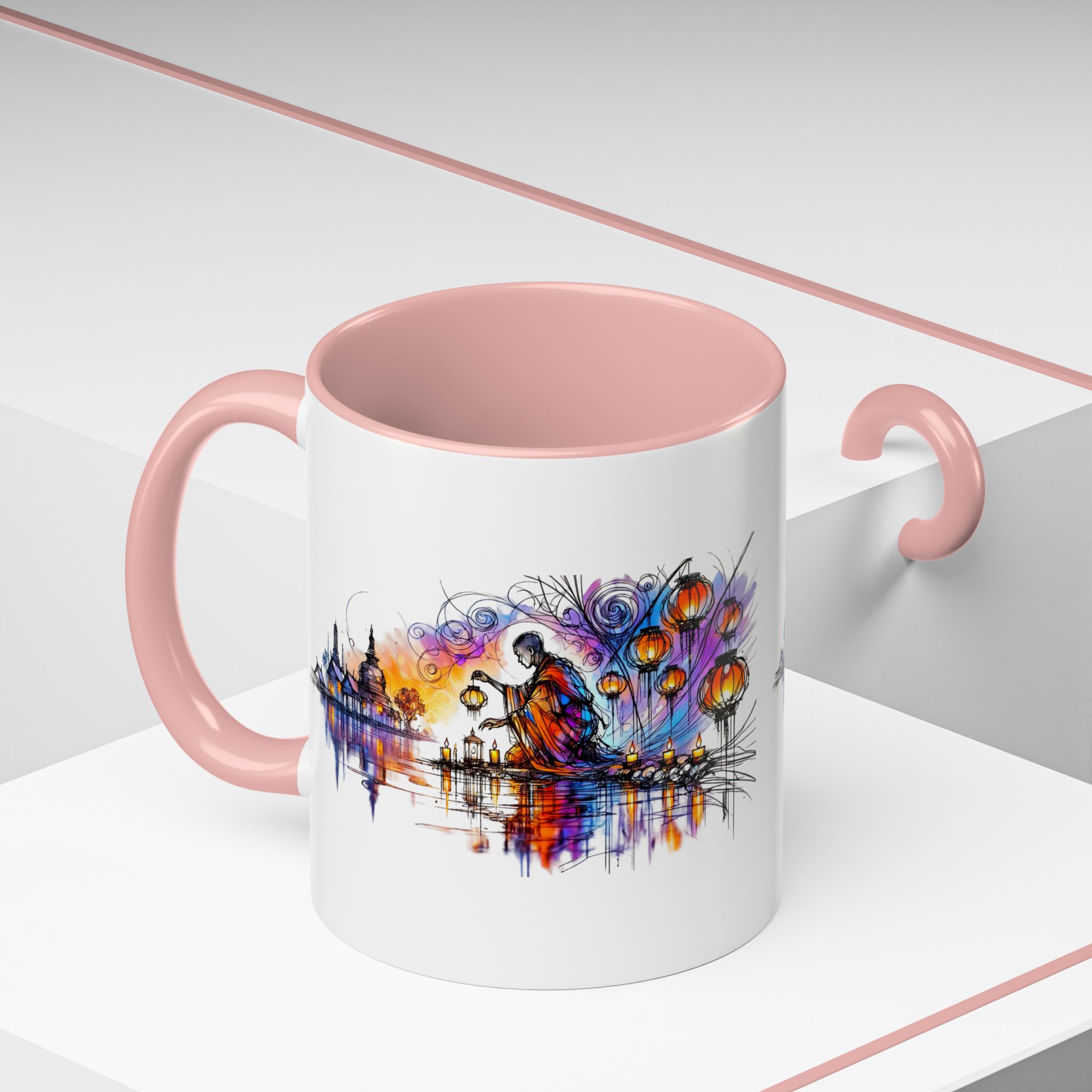Ceramic mug with a colorful illustration of a cityscape and lanterns on a white background.