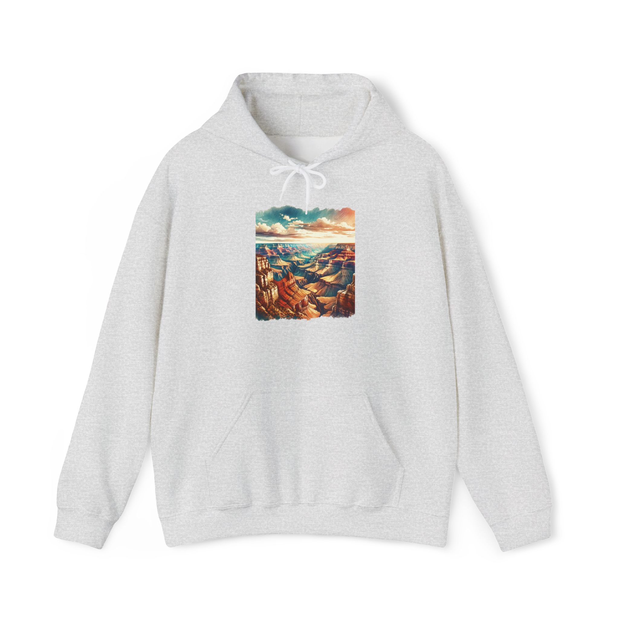 Gray hoodie featuring a graphic of the Grand Canyon landscape in vibrant colors.
