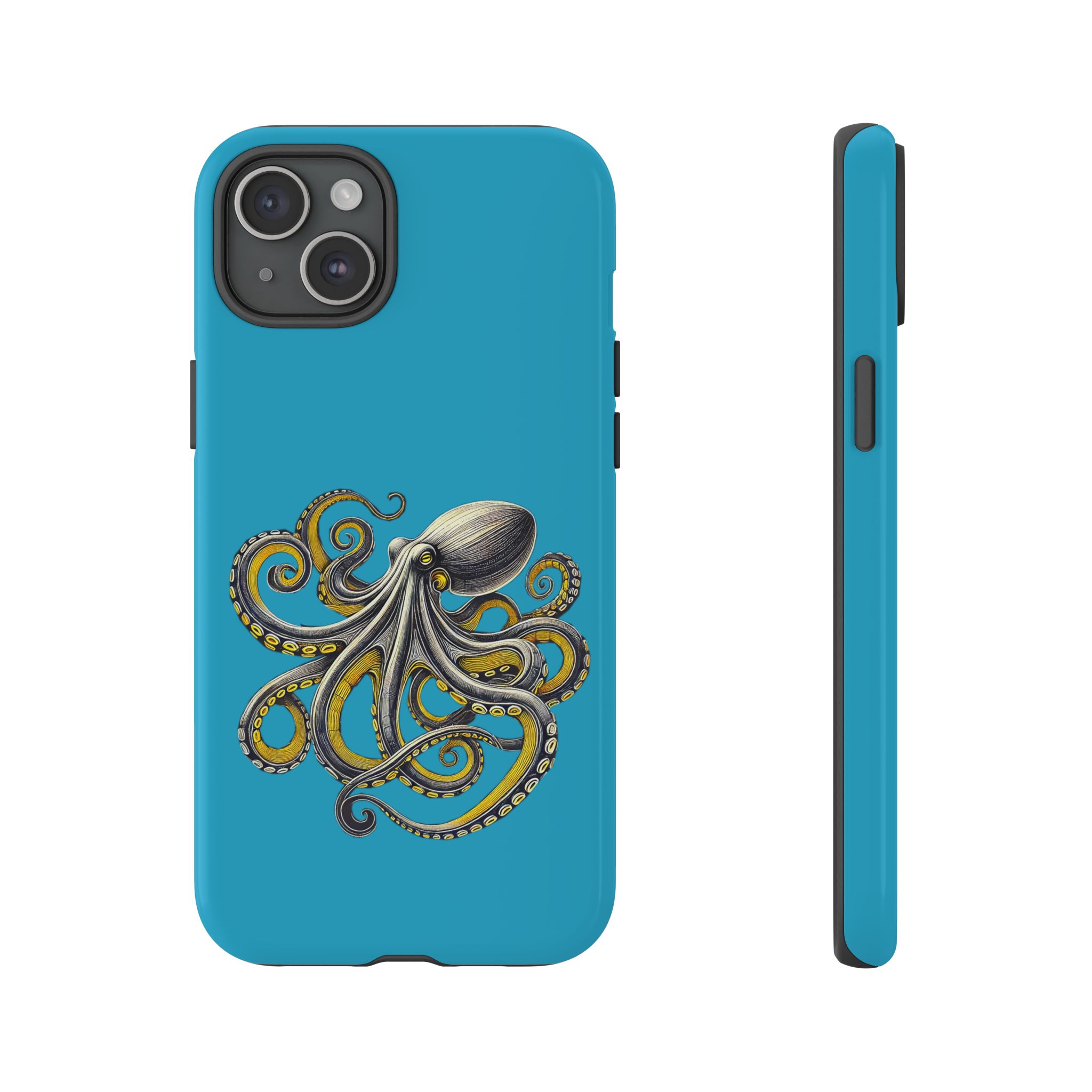 Phone case featuring an illustration of an octopus on a blue background.