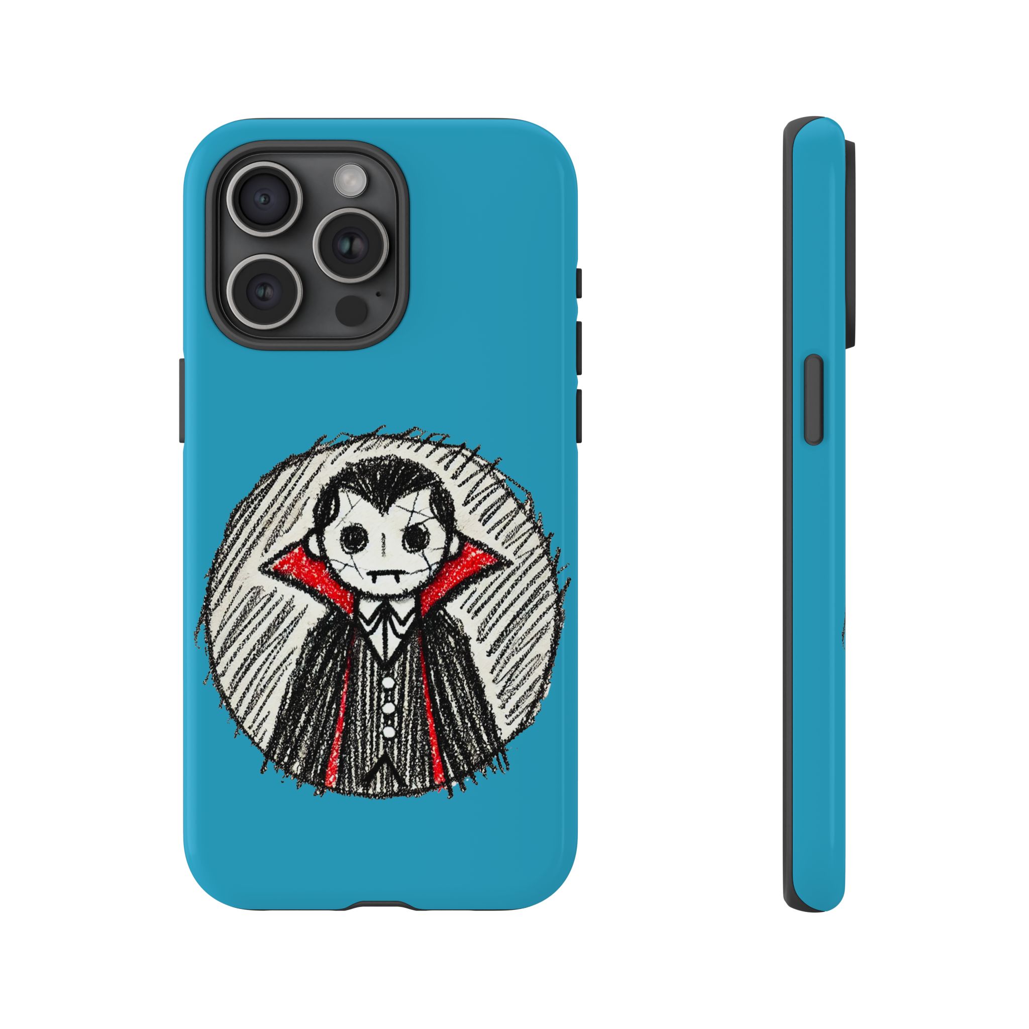 Blue phone case featuring a cartoon vampire character with a red cape and skull face.