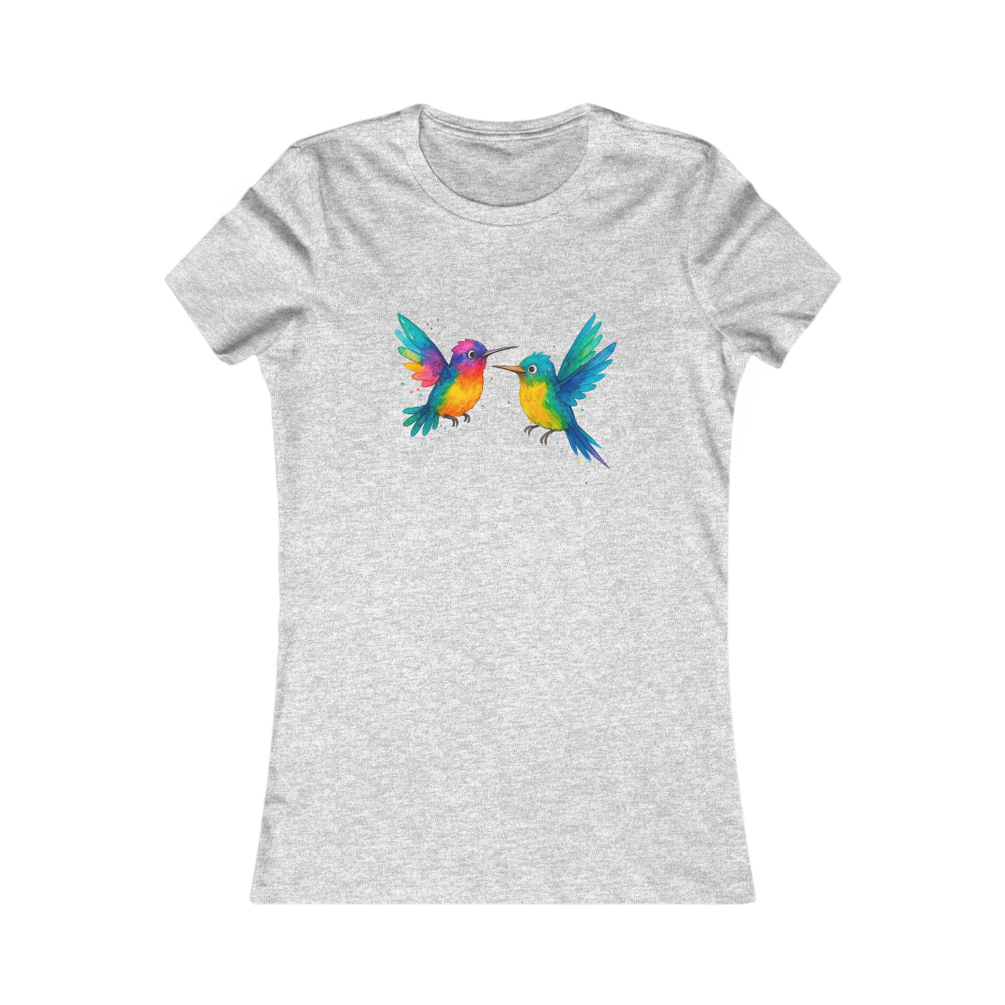 Gray t-shirt featuring a vibrant watercolor design of two hummingbirds in bright colors.