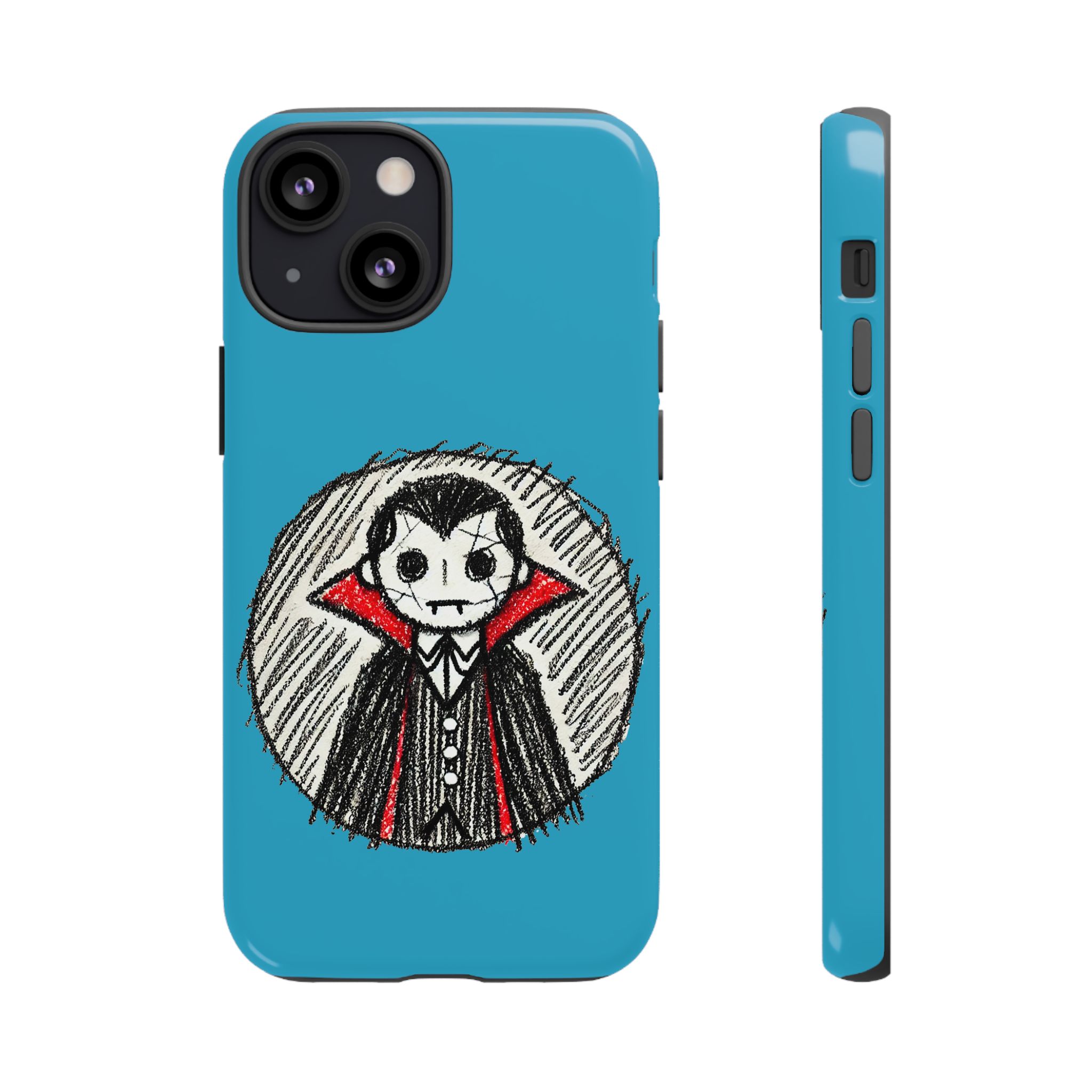 Phone case featuring a vampire character with a blue background and a sketched design.