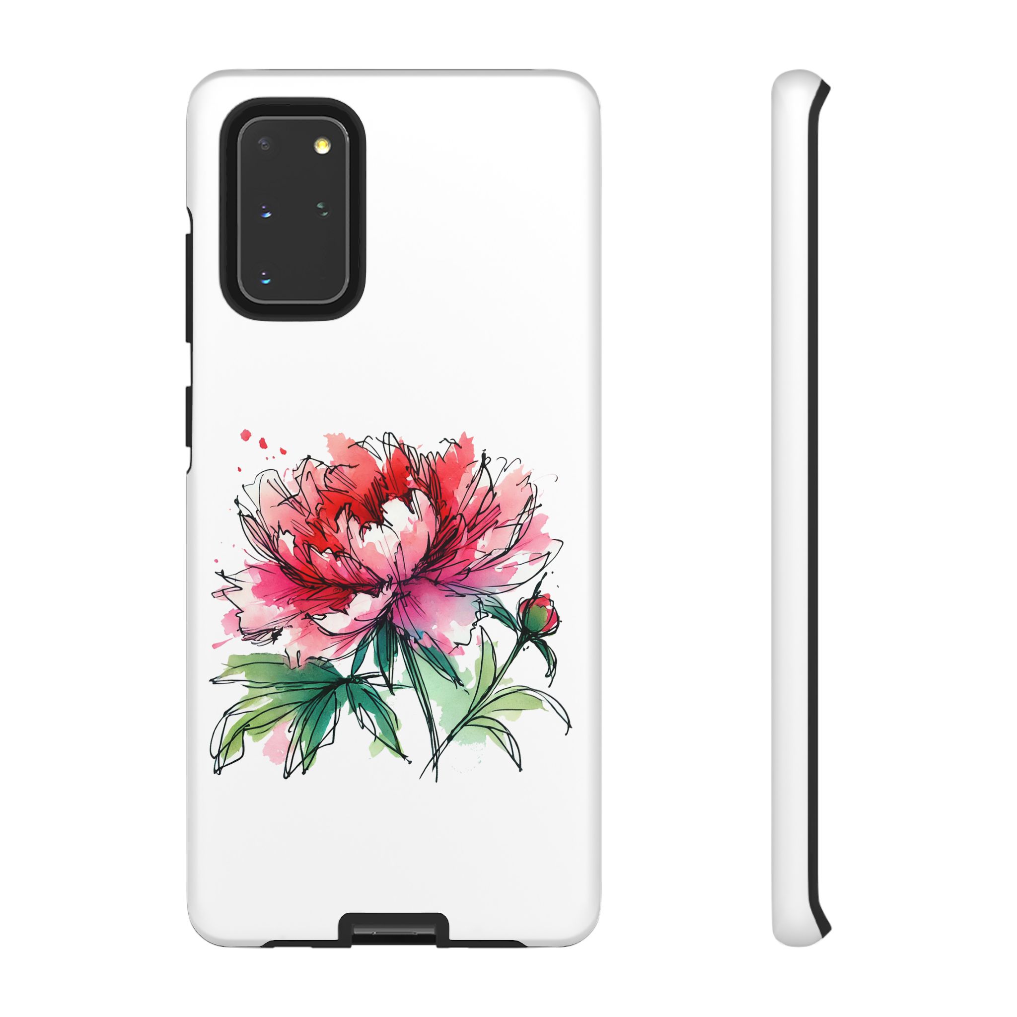 Phone case featuring a colorful peony flower illustration in pink and green tones.
