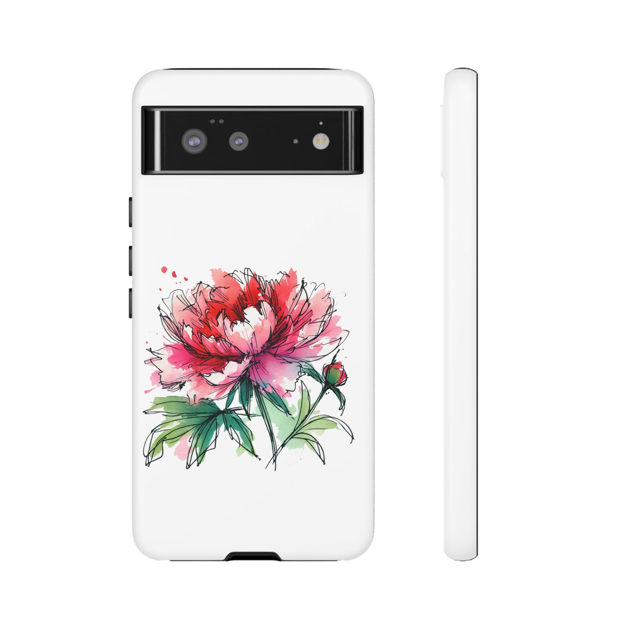 Phone case featuring a colorful floral design with a pink peony illustration on a white background.