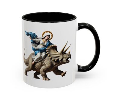 Mug with Virgin Mary Riding a Triceratops Design