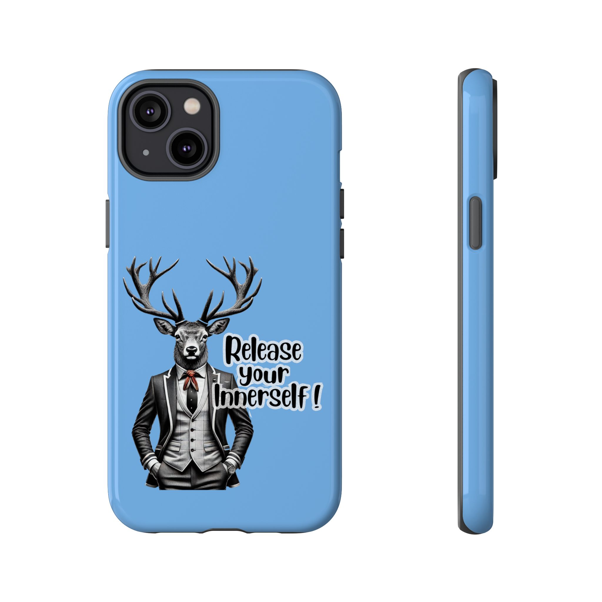 Blue phone case featuring a deer wearing a suit and the text 'Release your innerself'.