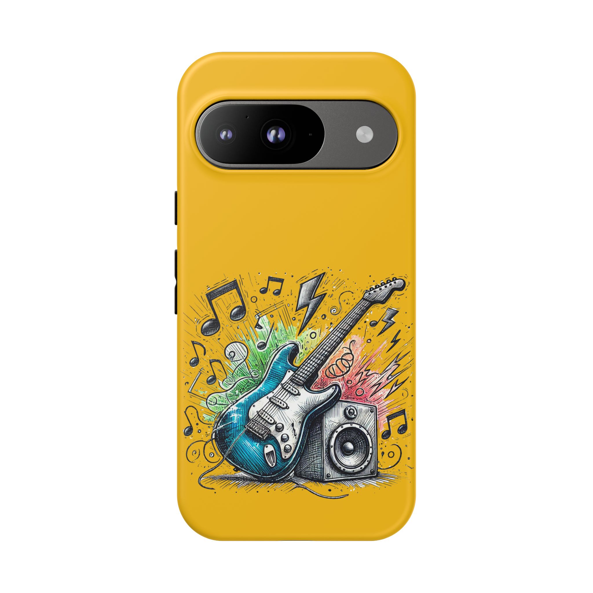 Yellow phone case featuring a graphic design of an electric guitar and musical notes.