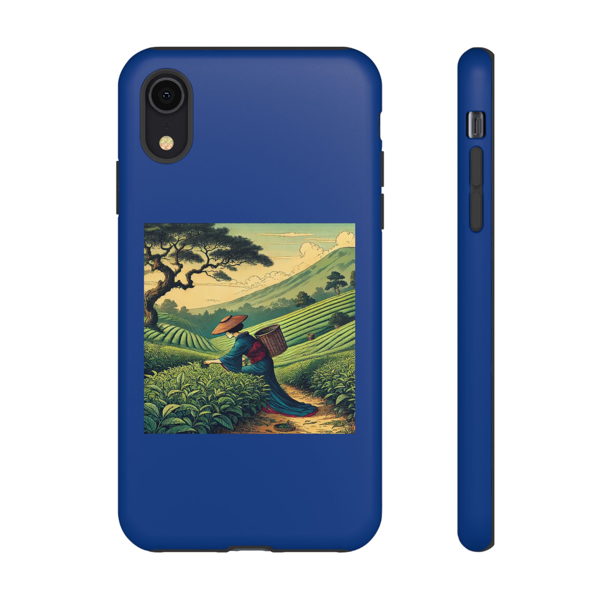 Blue phone case featuring artwork of a person working in a tea plantation surrounded by hills.