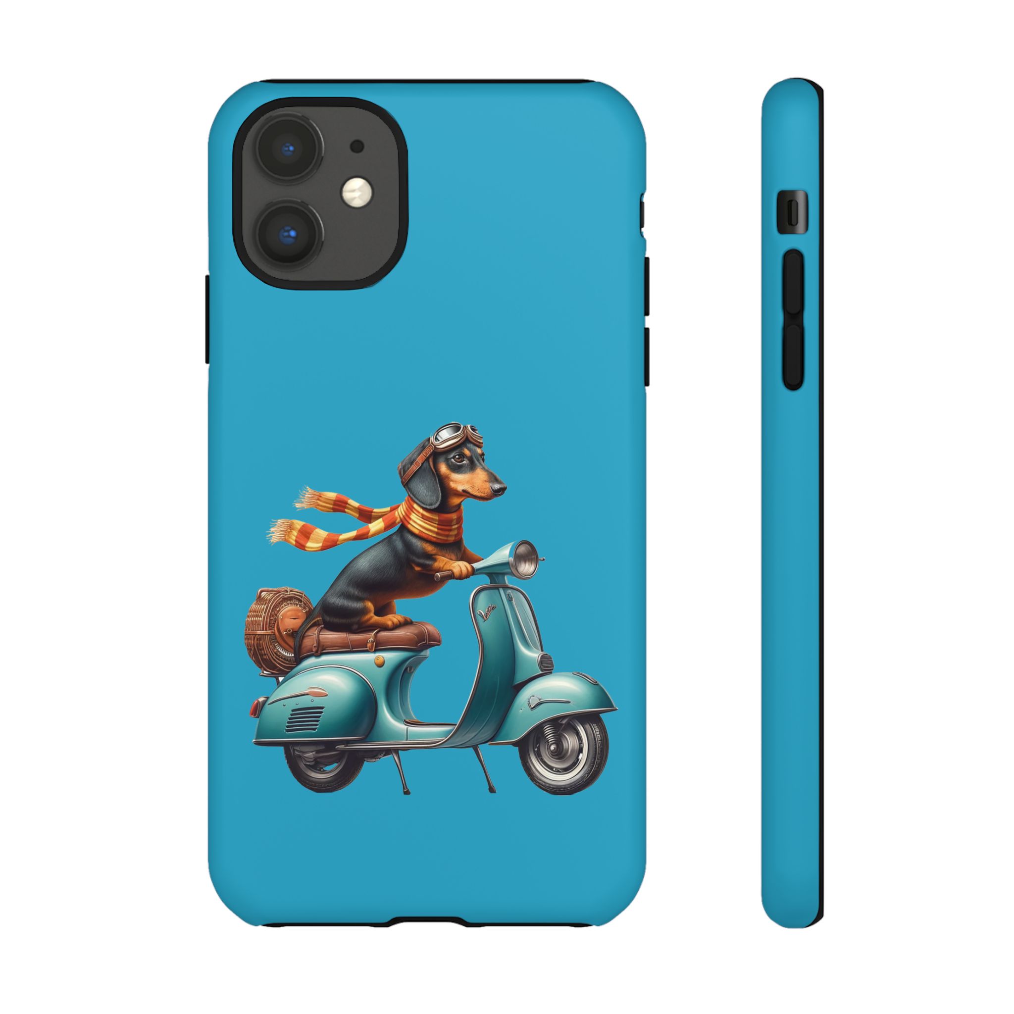 Dachshund wearing goggles and a scarf riding a vintage scooter on a blue background.