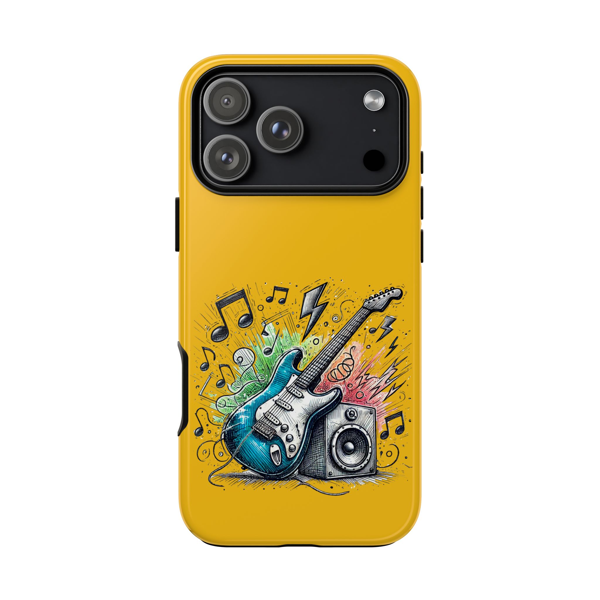 Phone case design featuring a blue electric guitar and a speaker with musical notes and colorful graphics.