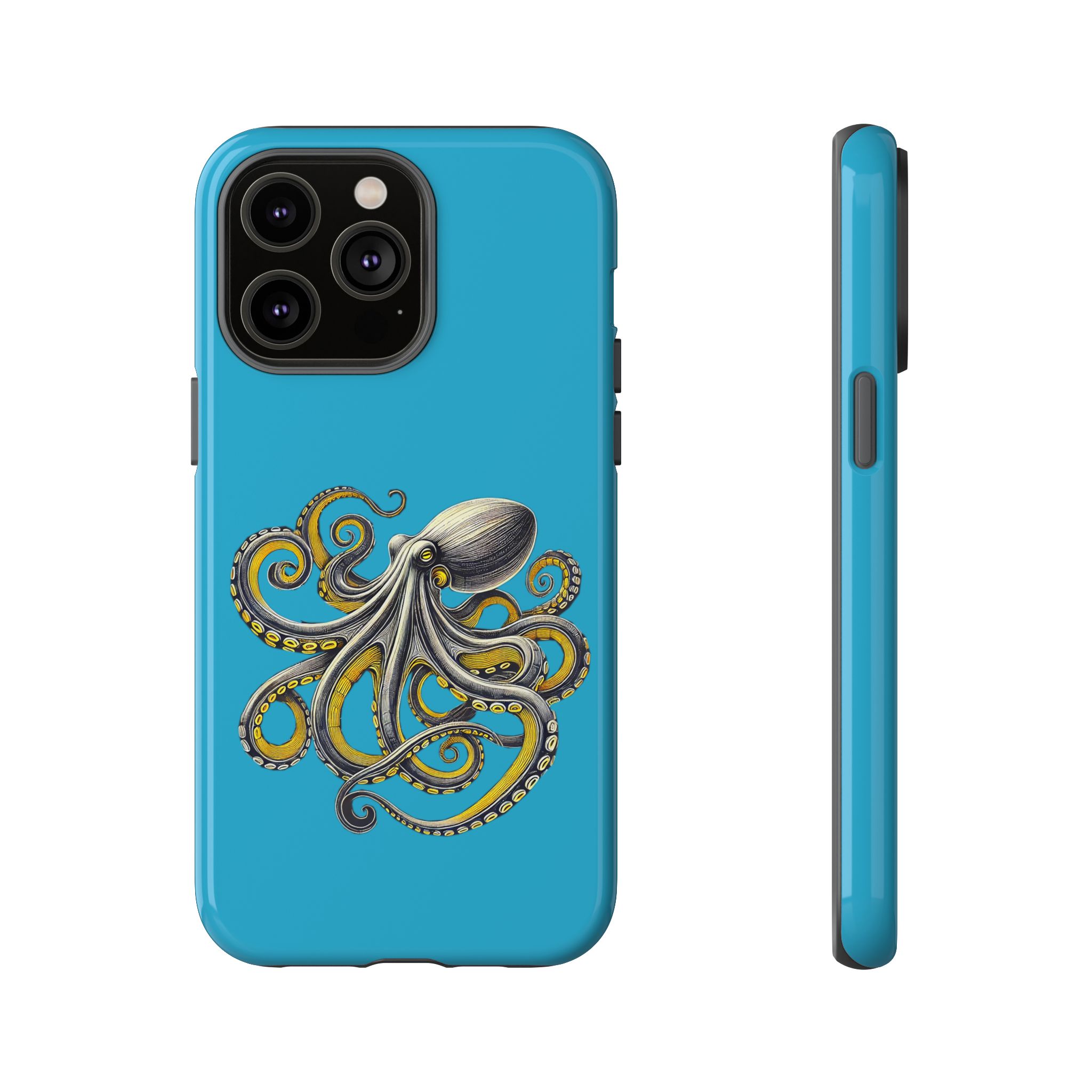 Blue phone case with an illustrated octopus design featuring tentacles and detailed features.