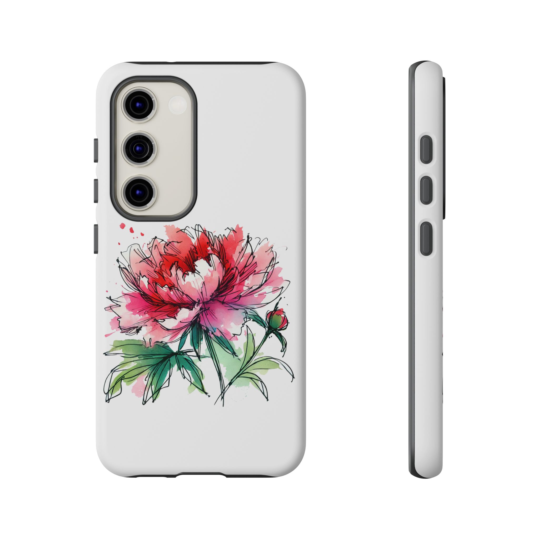Phone case featuring a hand-drawn peony flower design in red and green colors.