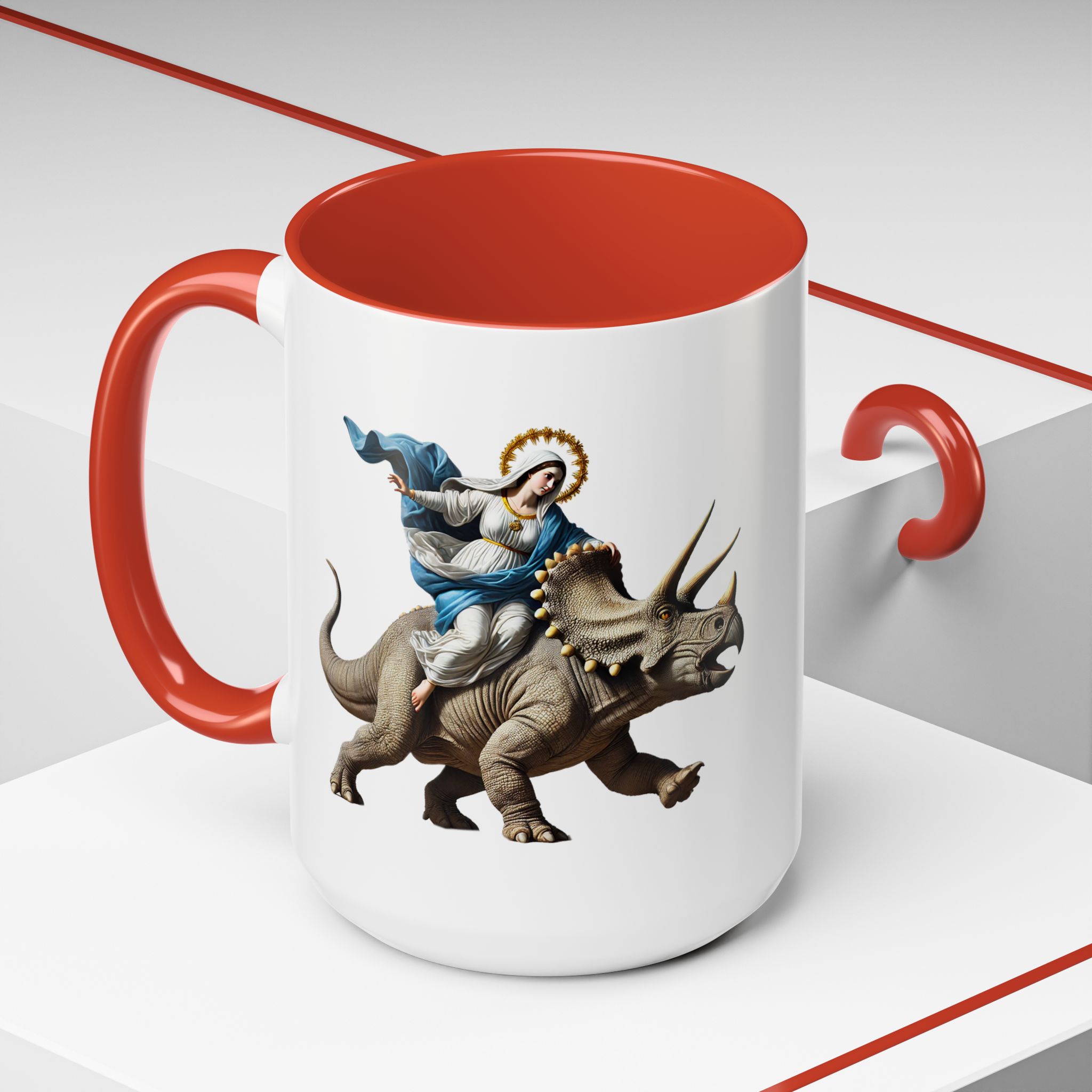 Sarcastic Coffee mug jurassic Virgin mary riding triceratops funny office mug boho gift tea cup cute accessory – Image 36