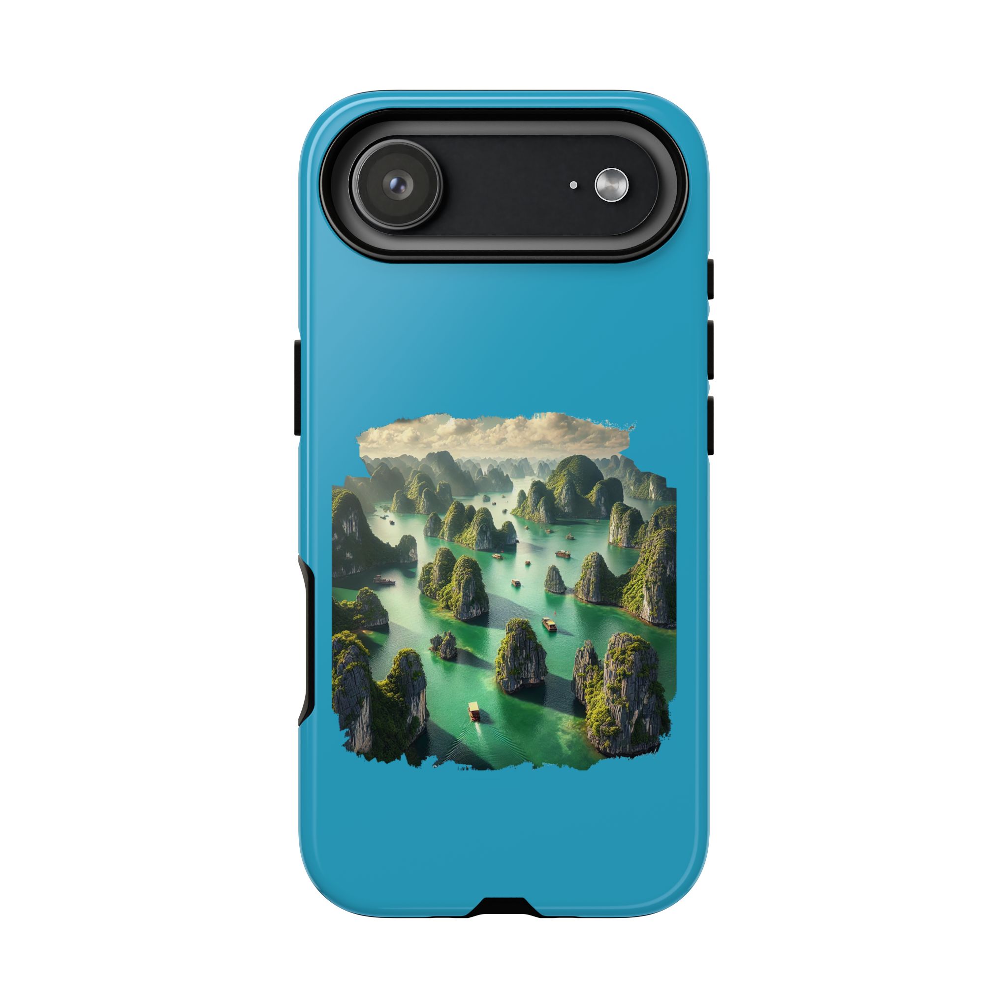 Phone case featuring a scenic landscape with mountains and water in vibrant colors.