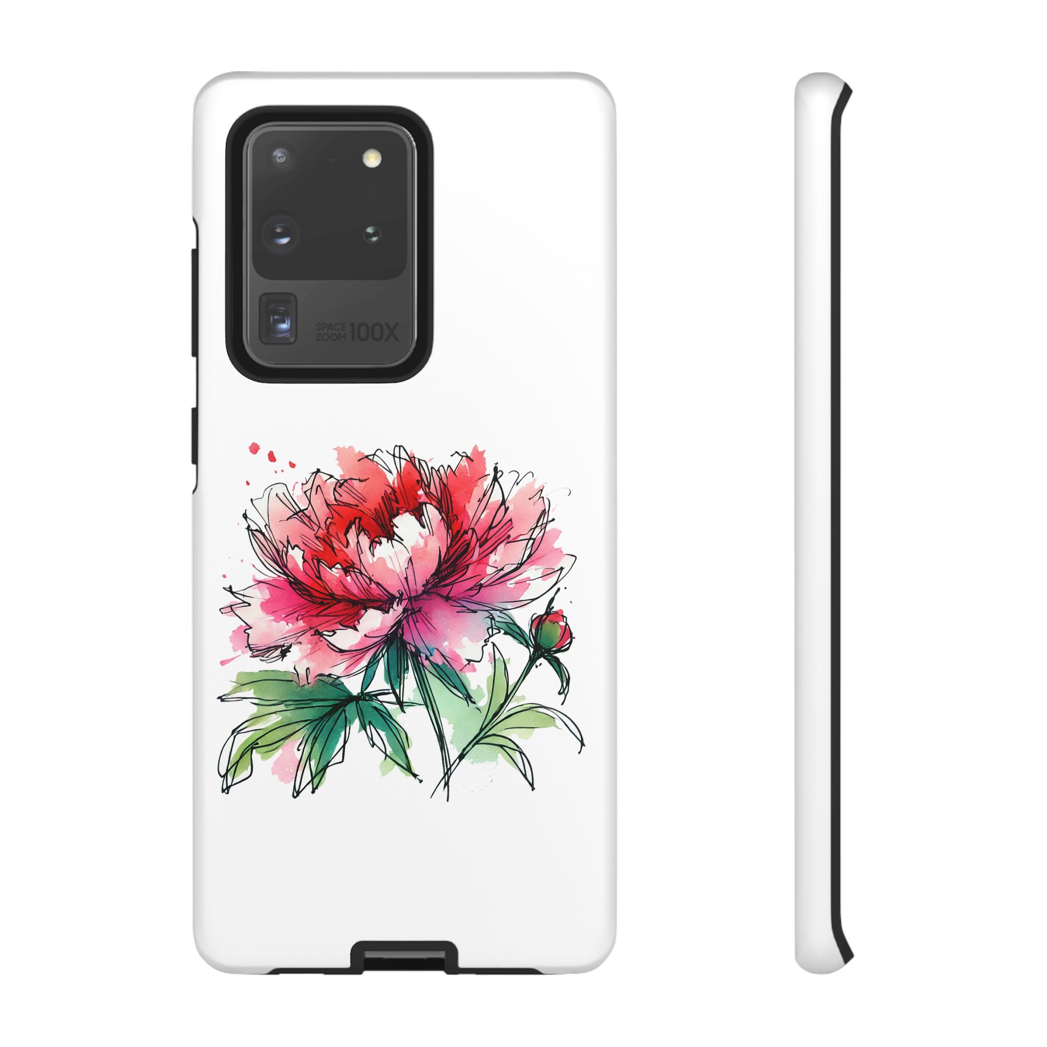 White phone case featuring a colorful peony illustration with pink and red petals.