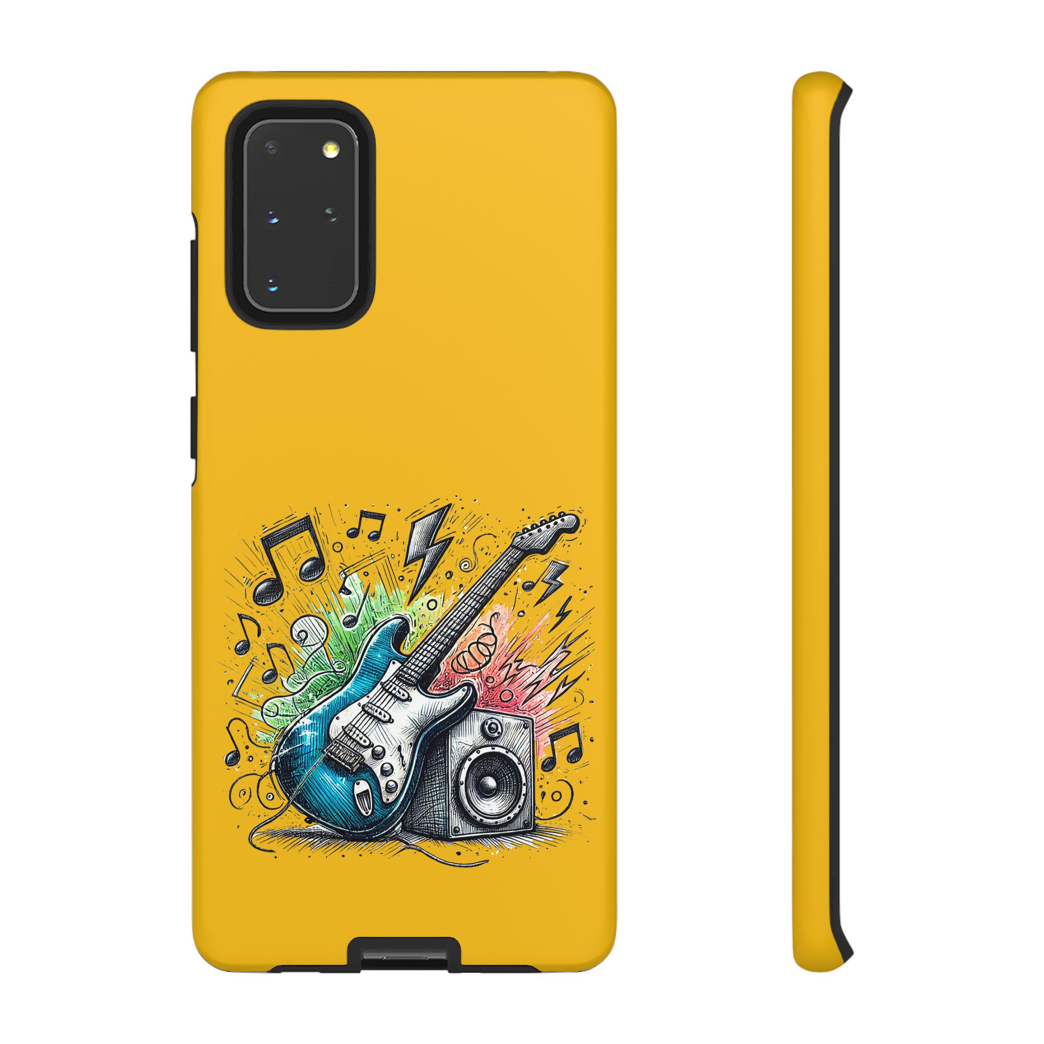 Yellow phone case featuring a graphic of a blue electric guitar and a speaker with musical notes.