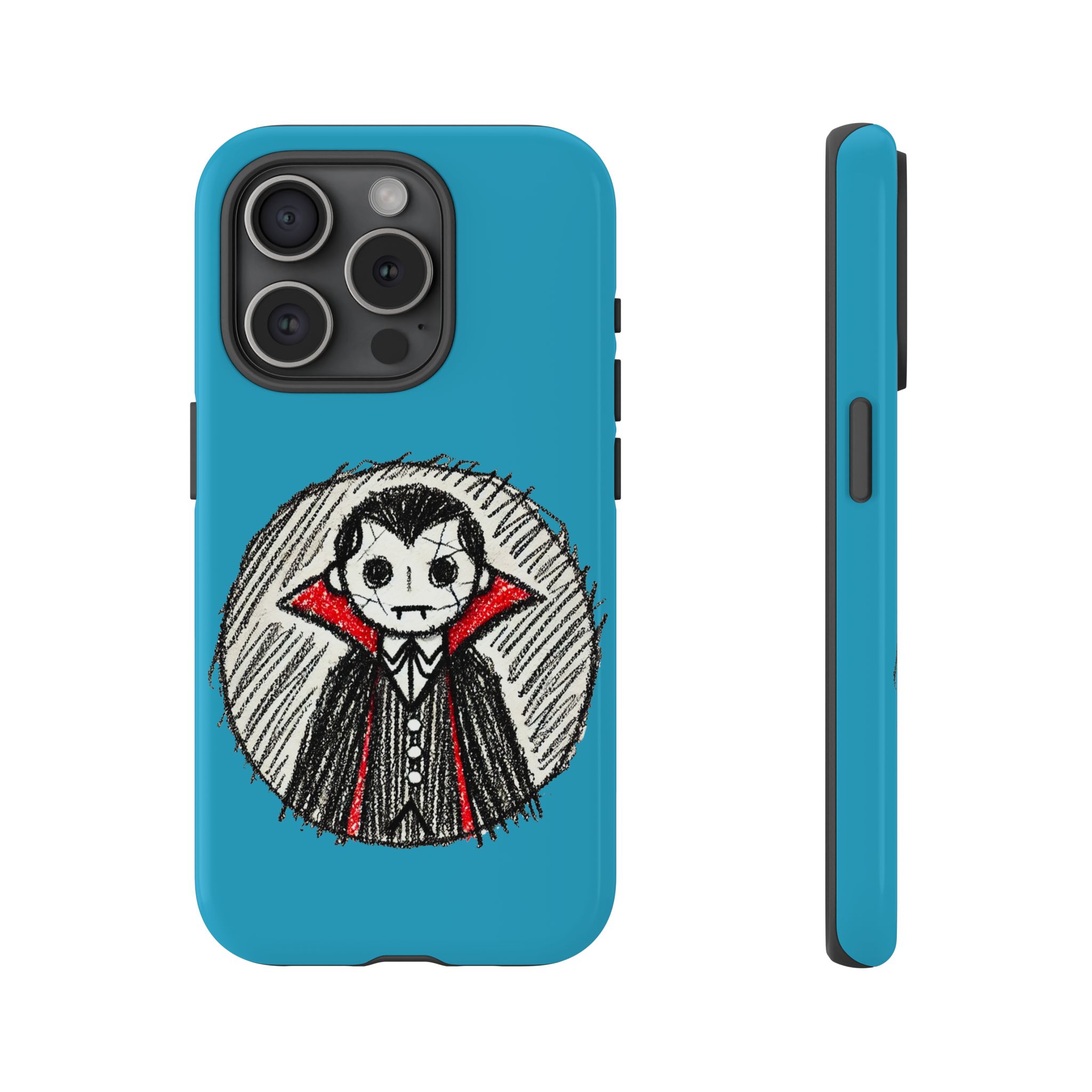 Blue phone case featuring a cartoon-style Dracula character with a red cape and a round background.