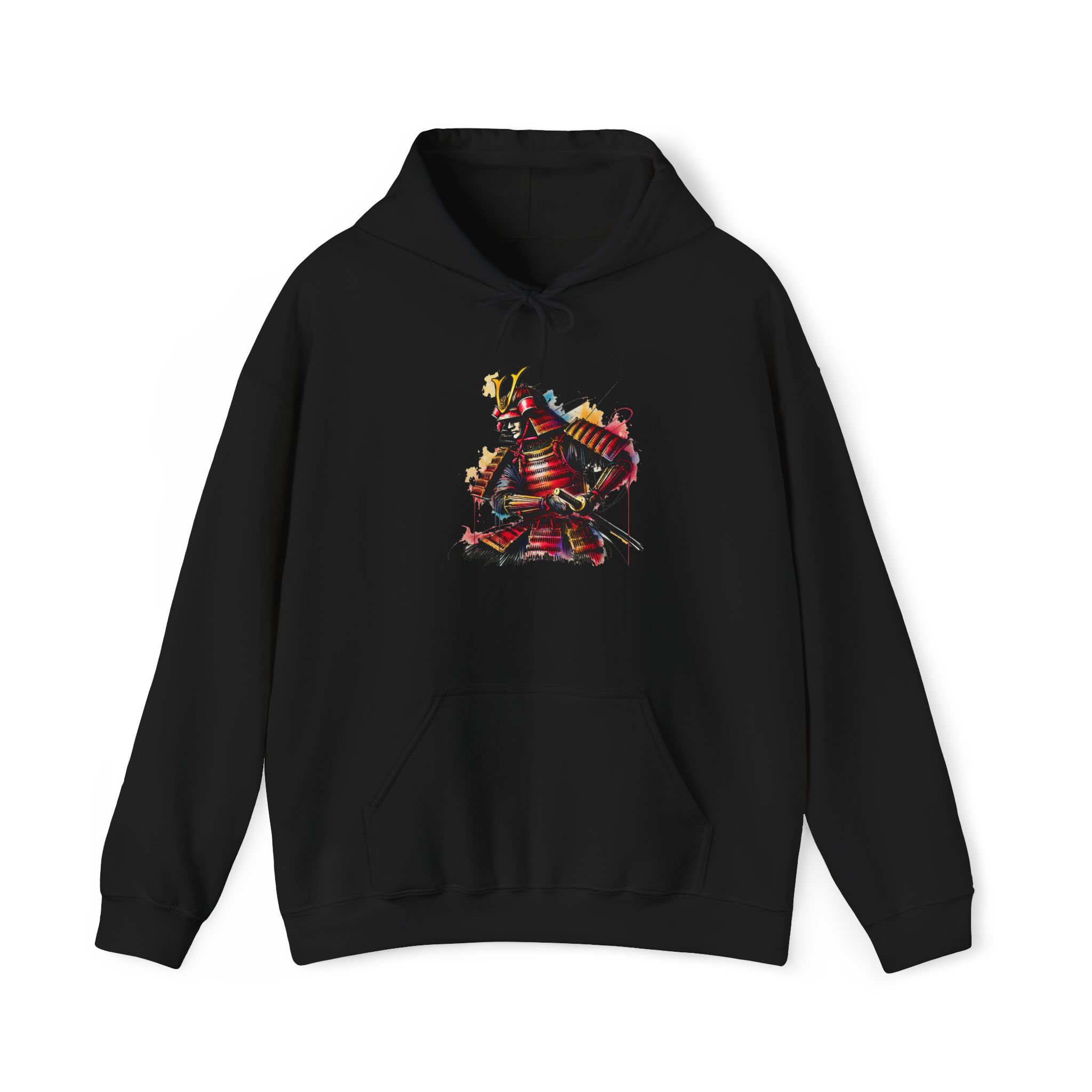 Black hoodie featuring a colorful samurai graphic on the front.
