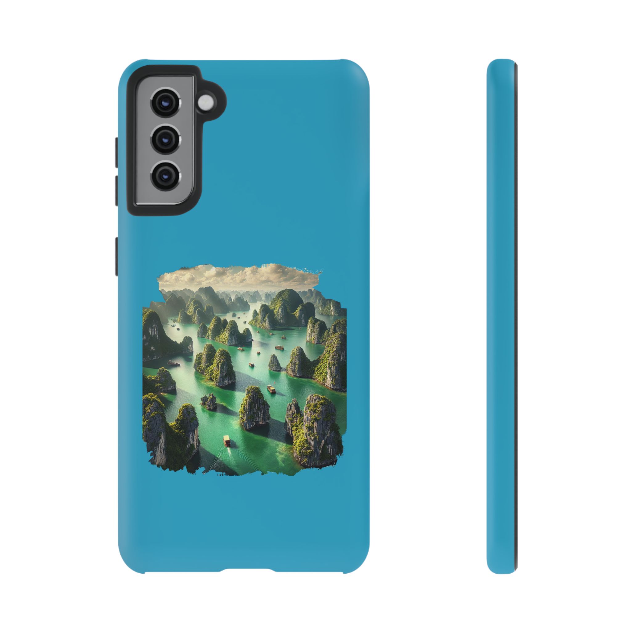 Blue phone case featuring a landscape design with mountains and boats on water.