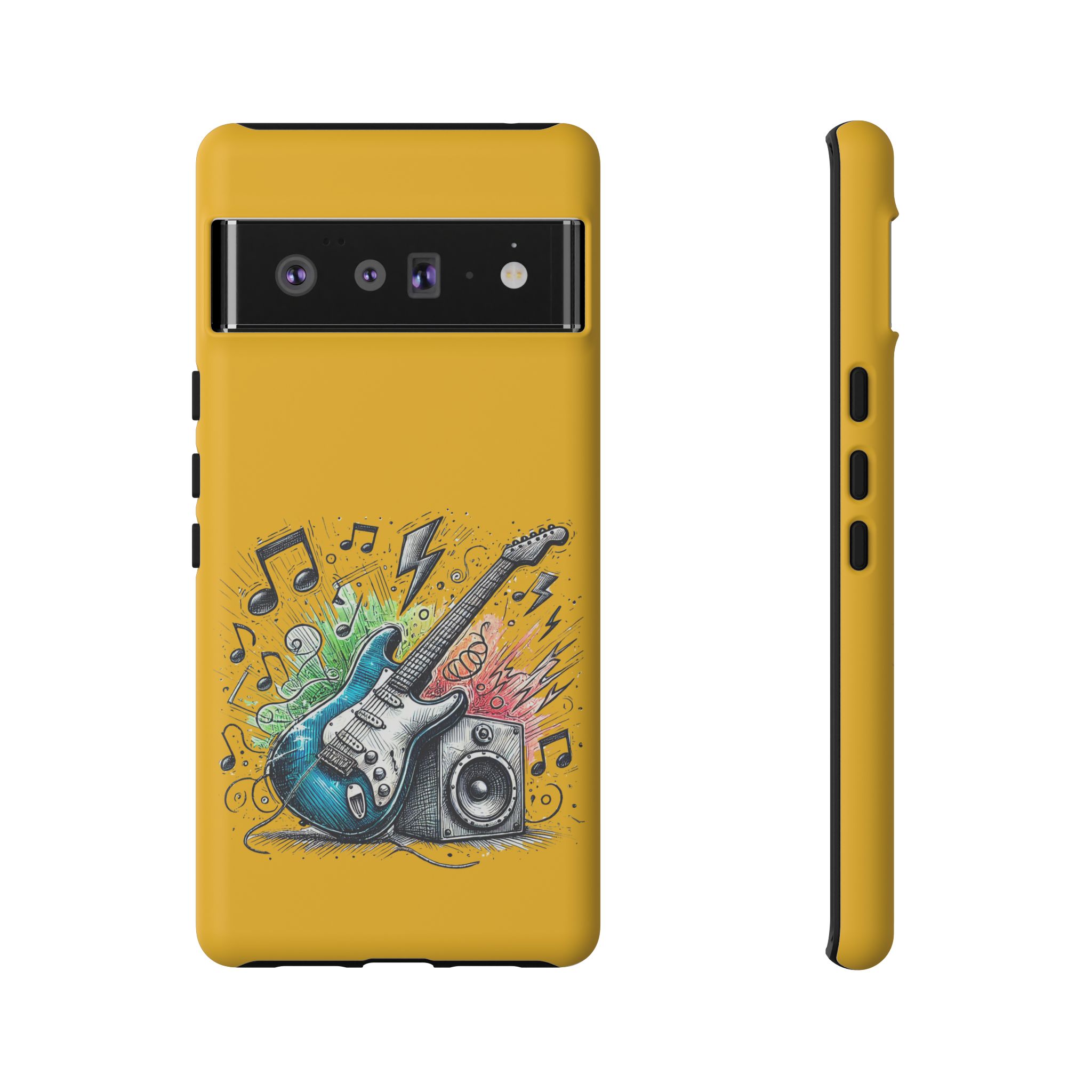 Yellow phone case featuring a graphic of an electric guitar and speaker with musical notes.