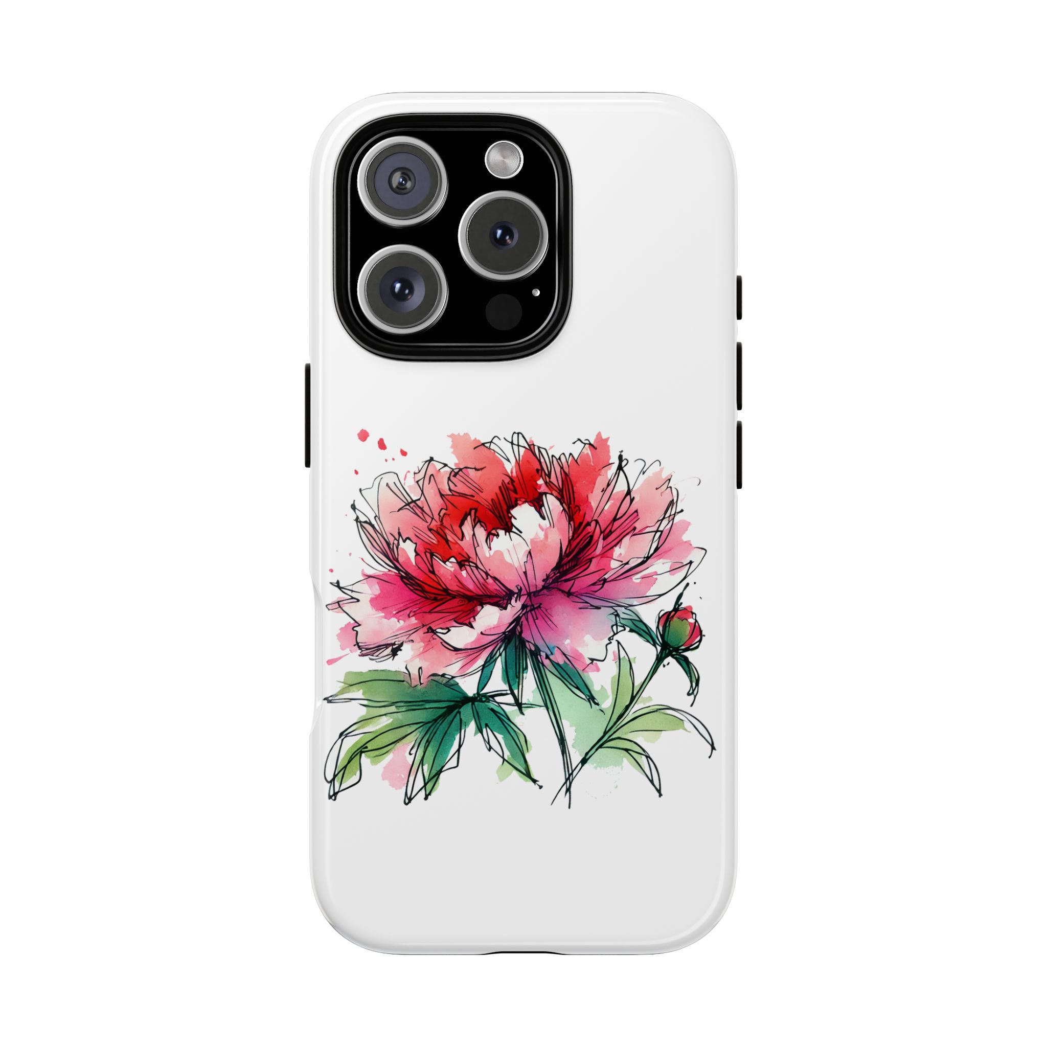 Illustration of a peony flower on a white phone case with a red and pink color scheme.