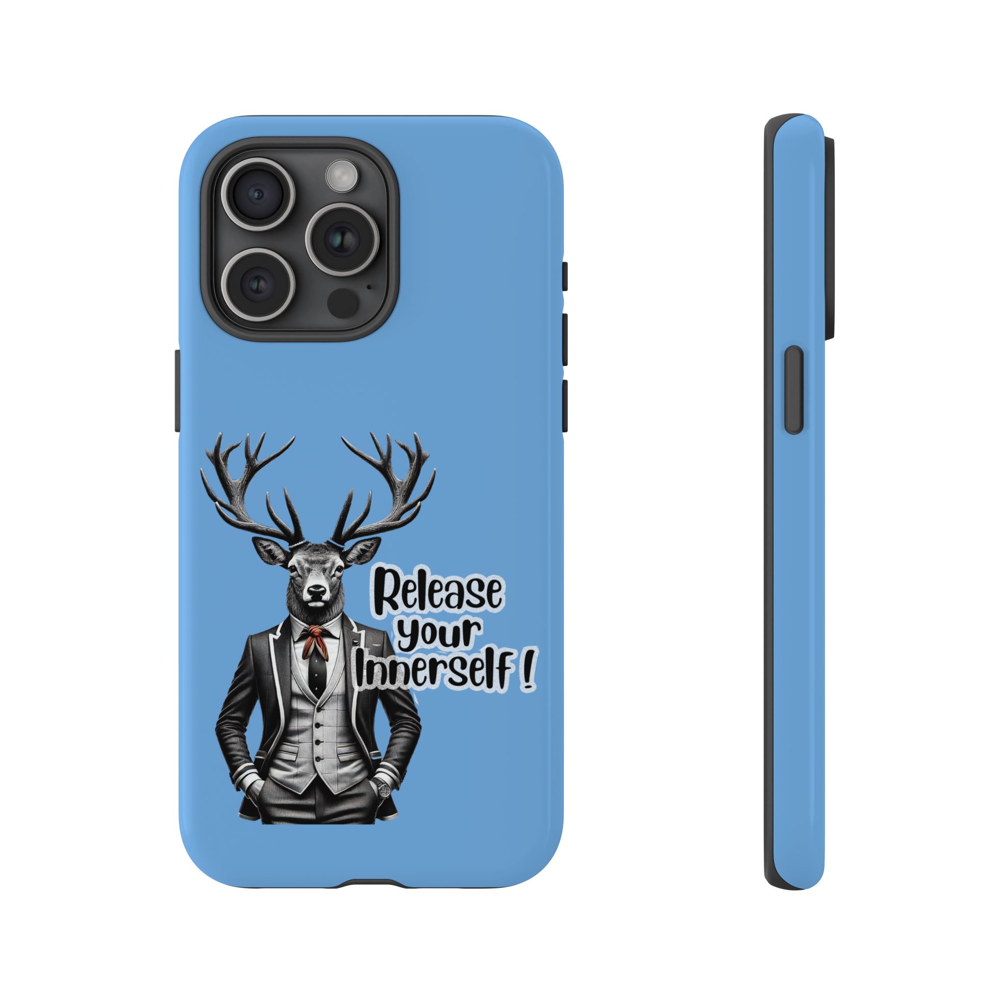 Blue phone case featuring a deer in a suit with the text 'Release your InnerSelf!'