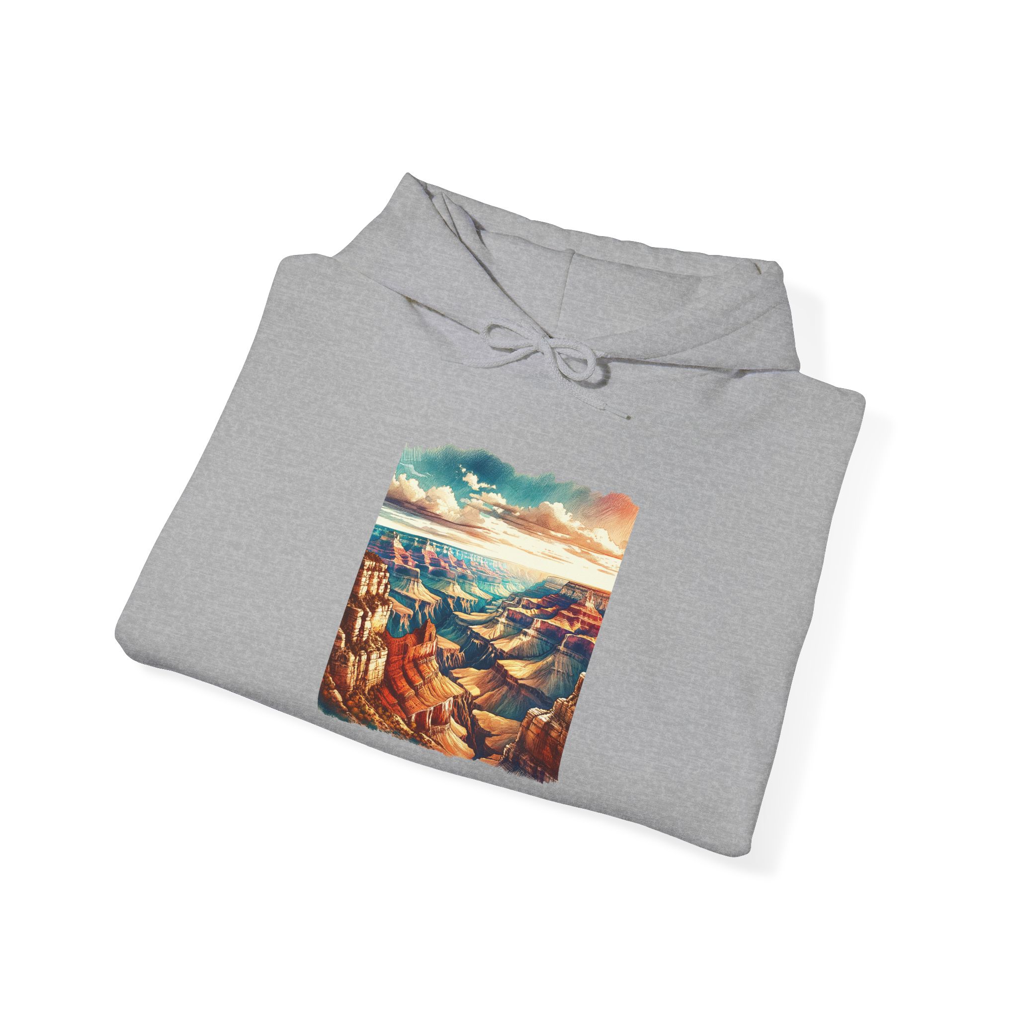 Gray hoodie featuring a colorful graphic of the Grand Canyon landscape on the front.