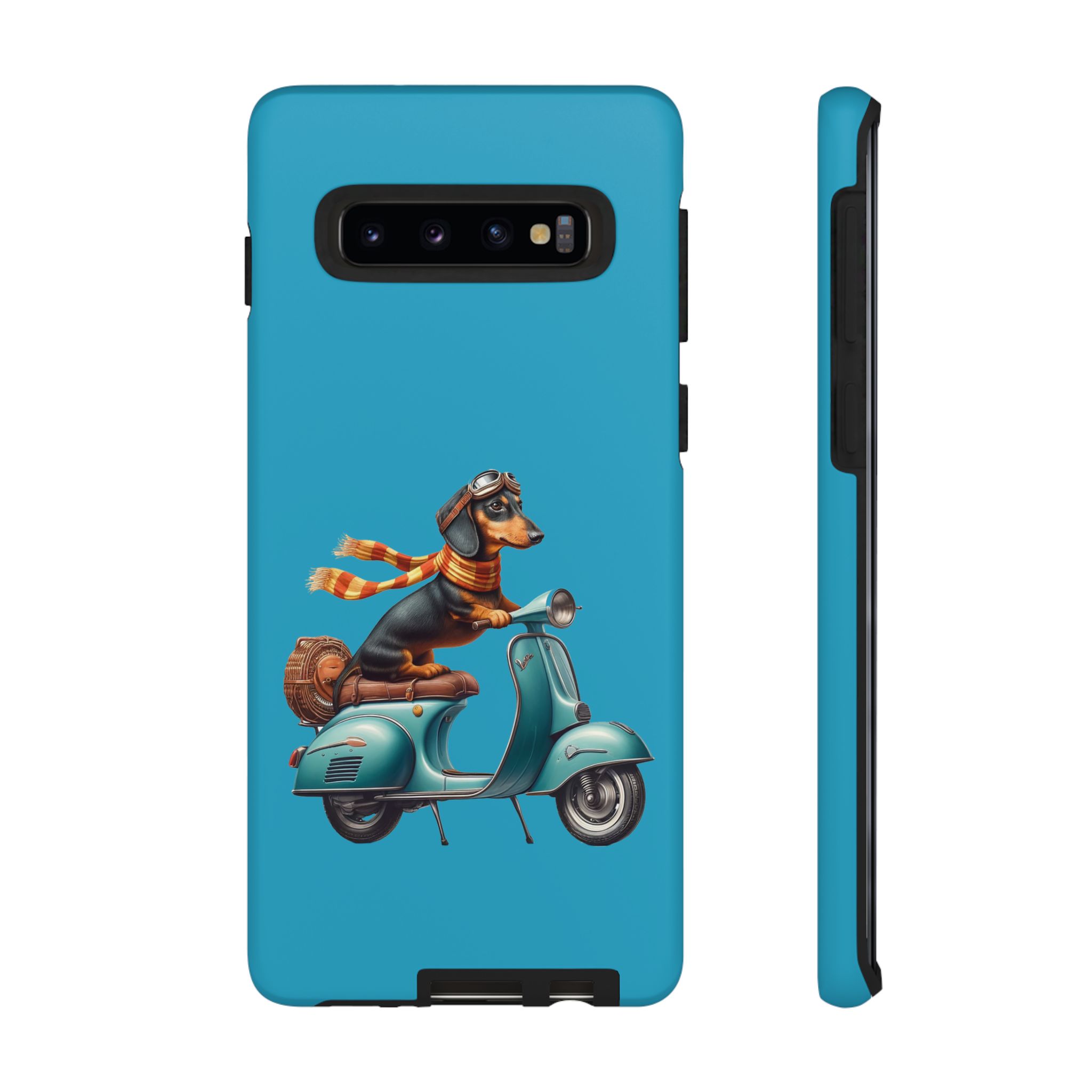 A dachshund wearing goggles and a scarf riding a blue scooter, designed for a phone case.