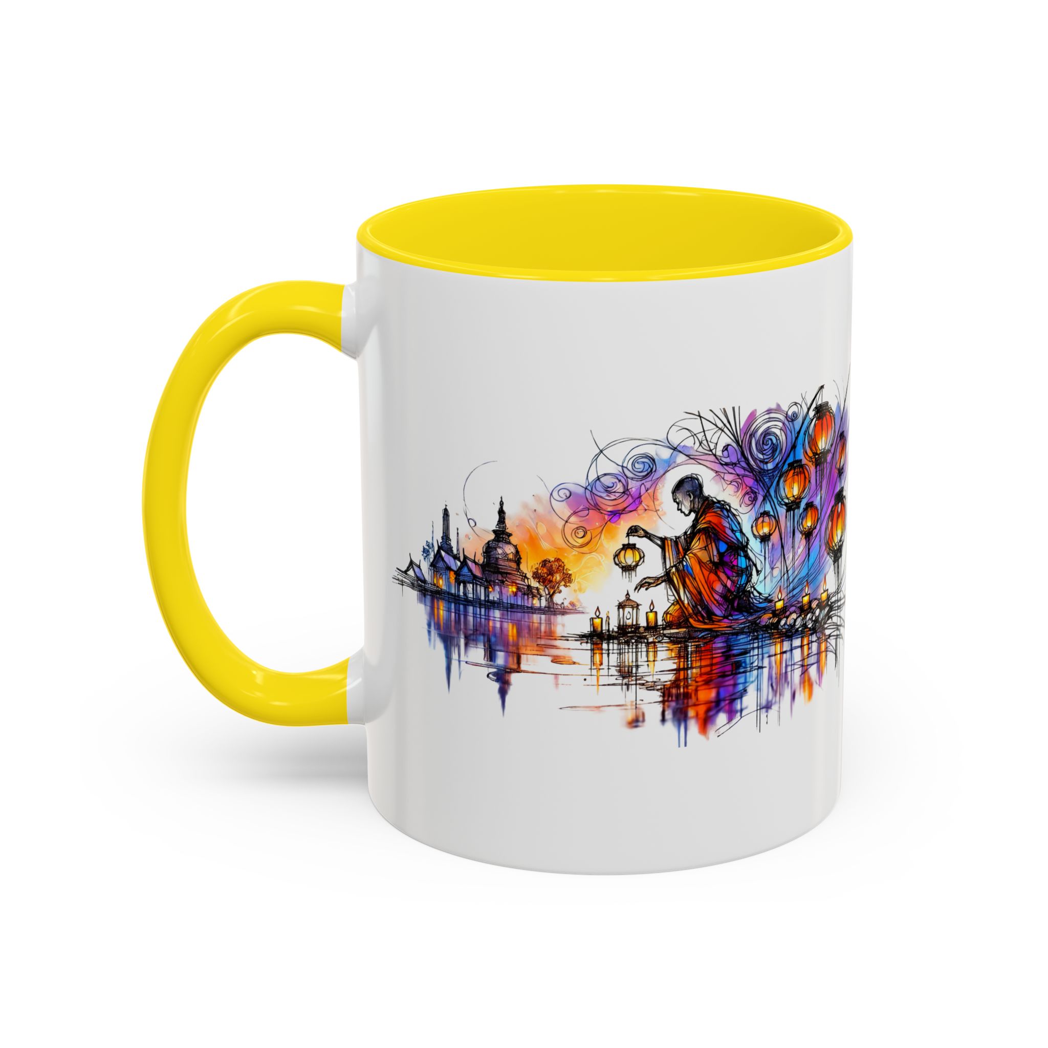 Mug featuring an artistic design with a colorful scene and a yellow handle.