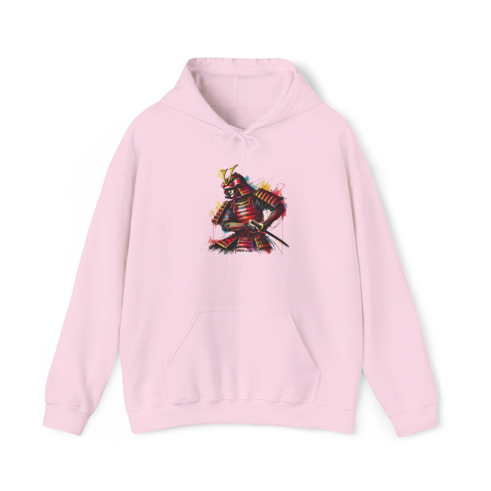 Pink hoodie featuring a colorful samurai illustration on the front.